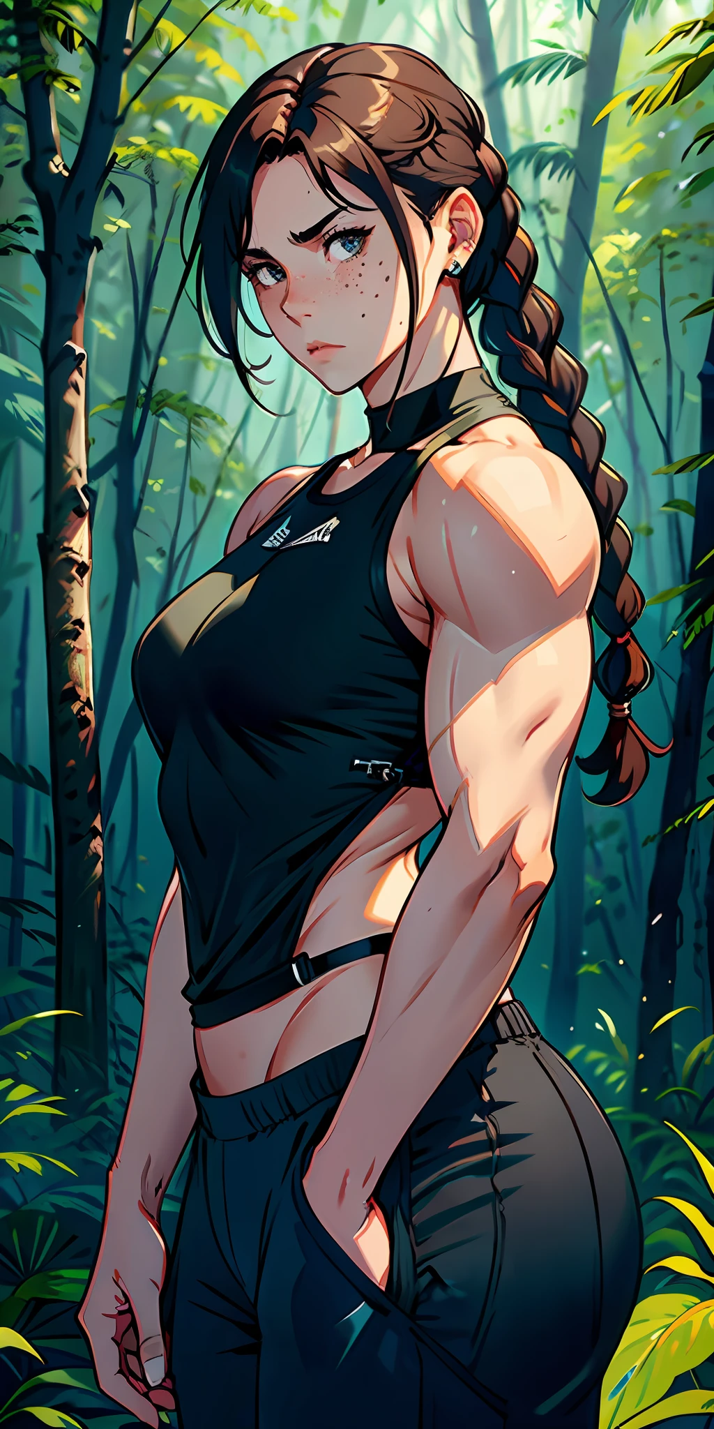 Woman, serious face, freckles, hair: brown, braid, bodybuilder, small chest, big arms, broad shoulders, big thighs, black tank top, military office pants, background: forest