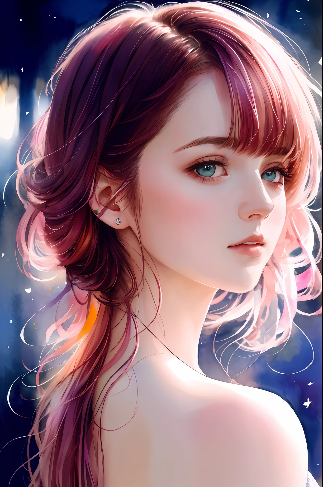 (8k, best quality, masterpiece:1.2),(best quality:1.0), (ultra highres:1.0), watercolor, a beautiful woman, shoulder, hair ribbons, by agnes cecile, half body portrait, extremely luminous bright design, pastel colors, (ink:1.3), autumn lights,