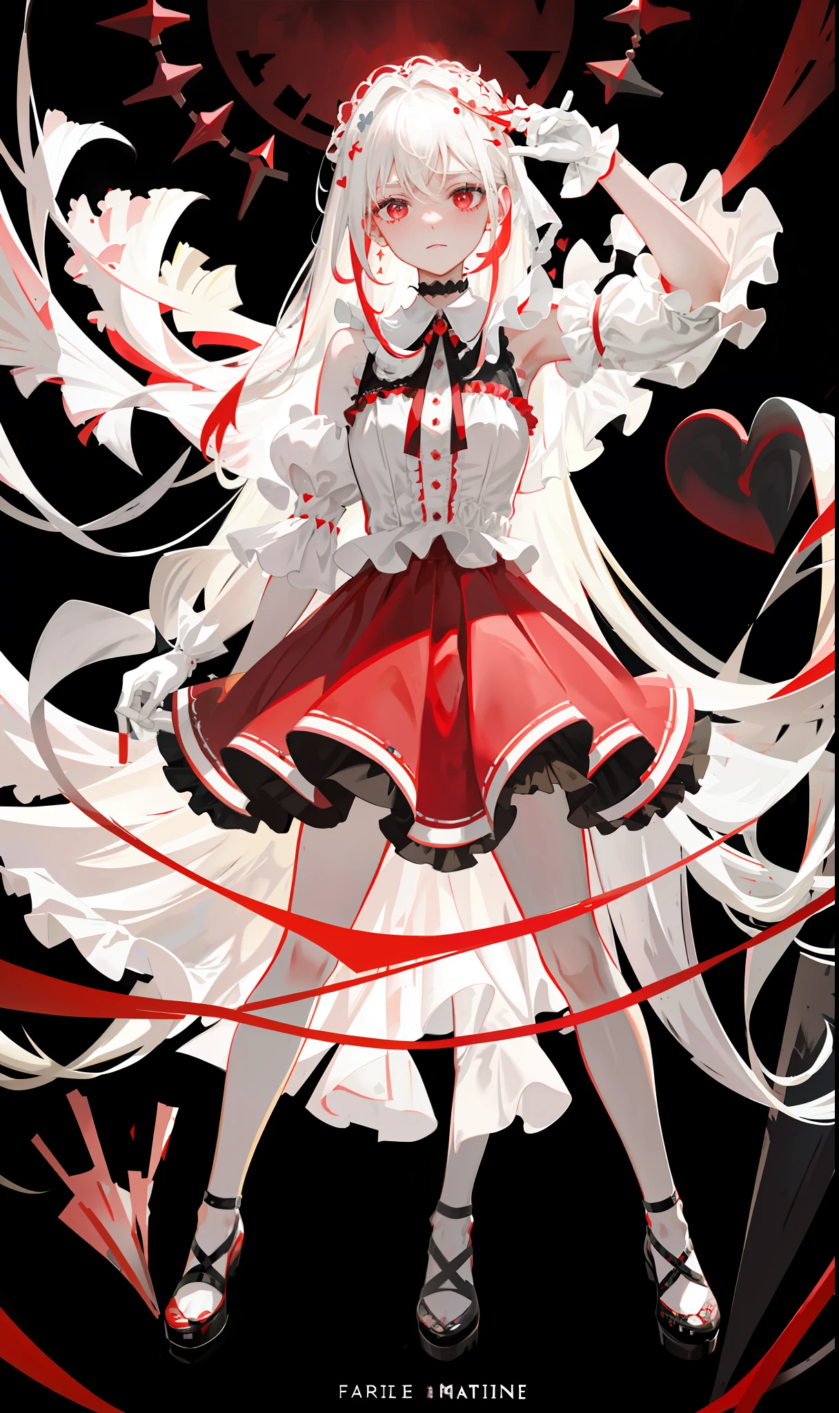 realistic, realistic, blood, dark red love heart decoration, love heart-shaped gemstones, skirt edge set with pearls, white collarless dress skirt, collar with unique design, layered skirt, burnt at the end of skirt, cutout at the end of skirt, red Mary Jane shoes, frills, ruffles, maximalism, delicate and complex design, white gloves, gothic, wedding dress, blood, bandages, long gray hair, sideburns are two fine braids, princess cut, extreme details, delicate depiction, delicate depiction, delicate hands, cold colors of eyes