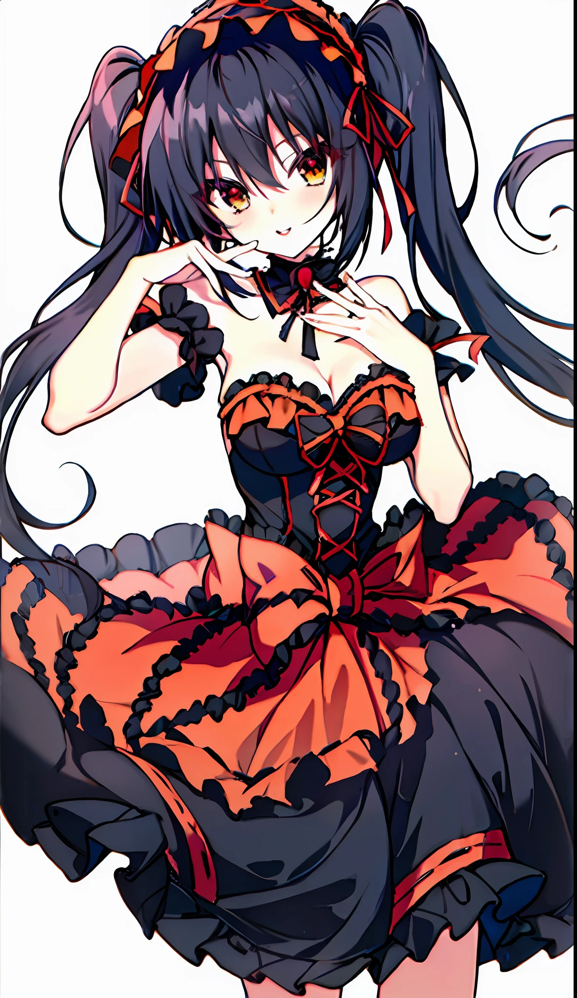 18 year old beautiful girl, masterpiece, top quality, 8K anime, 1 girl, detailed fingers, precise fingers, not unnatural hands, odd eyes, black hair twin tails, kurumi tokizaki, large breasts,