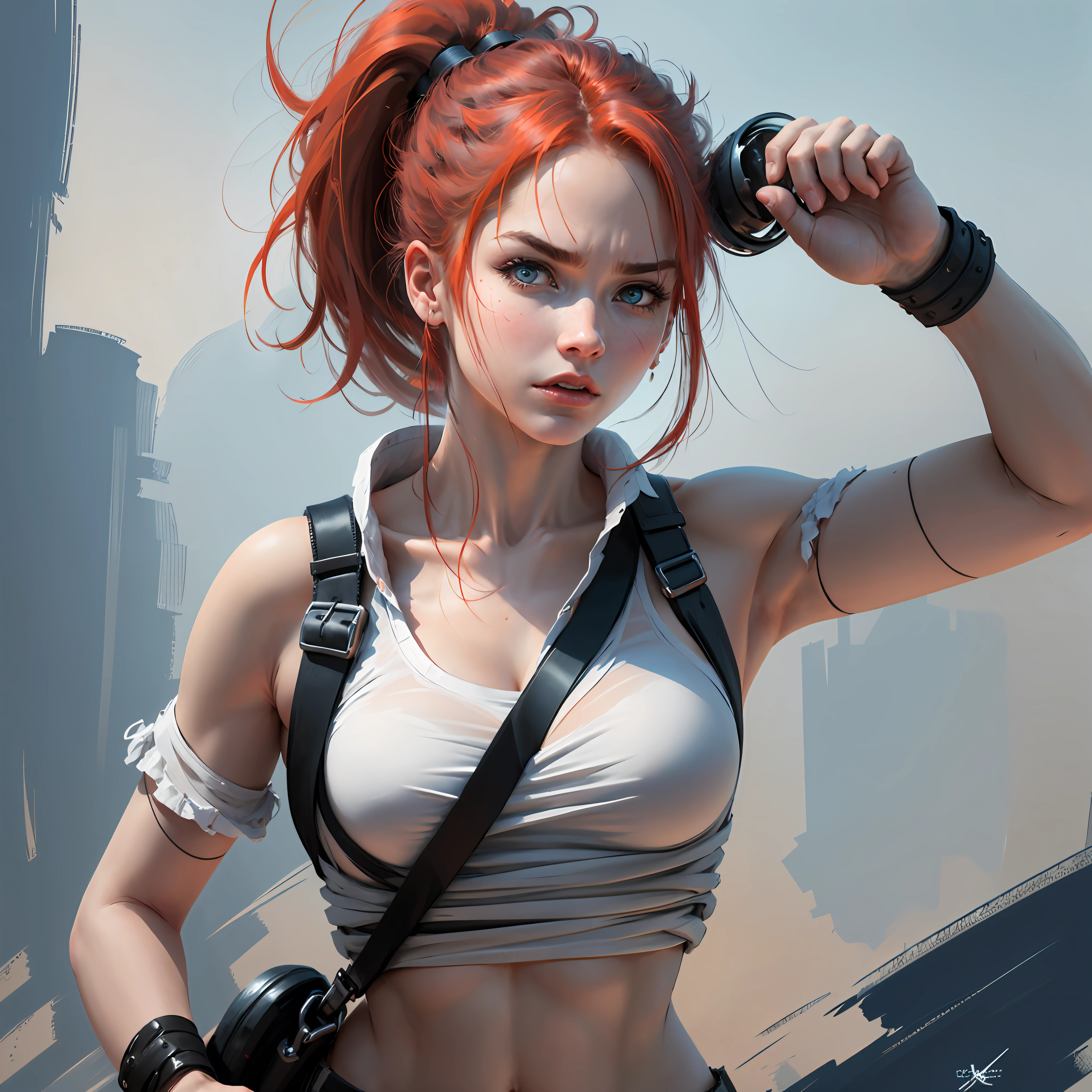 Striking photo of a young woman in a fighting pose with a unique face with a striking appearance and determined confident and brave expression. She has red hair that is tied up in a ponytail up to her shoulders. Costumes: white colored dug shirt that defines his arms. Nose up . His eyes have heterochromia, one deep blue and the other brown, which reflects his intensity and curiosity. Your skin is clear, with a soft and radiant tone. 8k quality