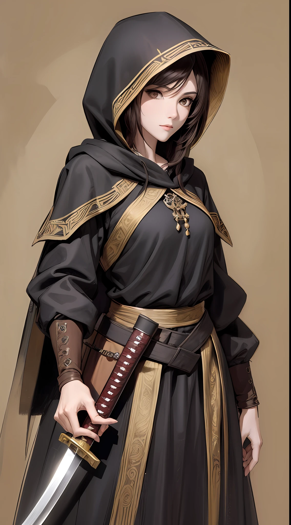 Medieval sketch, sketch, done in pencil, hunting woman, wearing black mask, brown eye, black hooded outfit, covering the whole body, with a katana --auto --s2