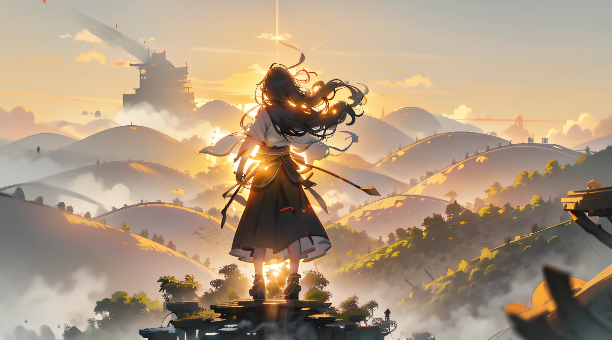(Best Quality), (Masterpiece), (High Resolution), (Away from Camera), (Background Bokeh), (Back), Backlight, Silhouette Lighting, Sinicization, Sword in Hand, (Hairpin), Outdoor, (Standing on a Cliff), Hills, Bamboo Forest, ((Sunset))