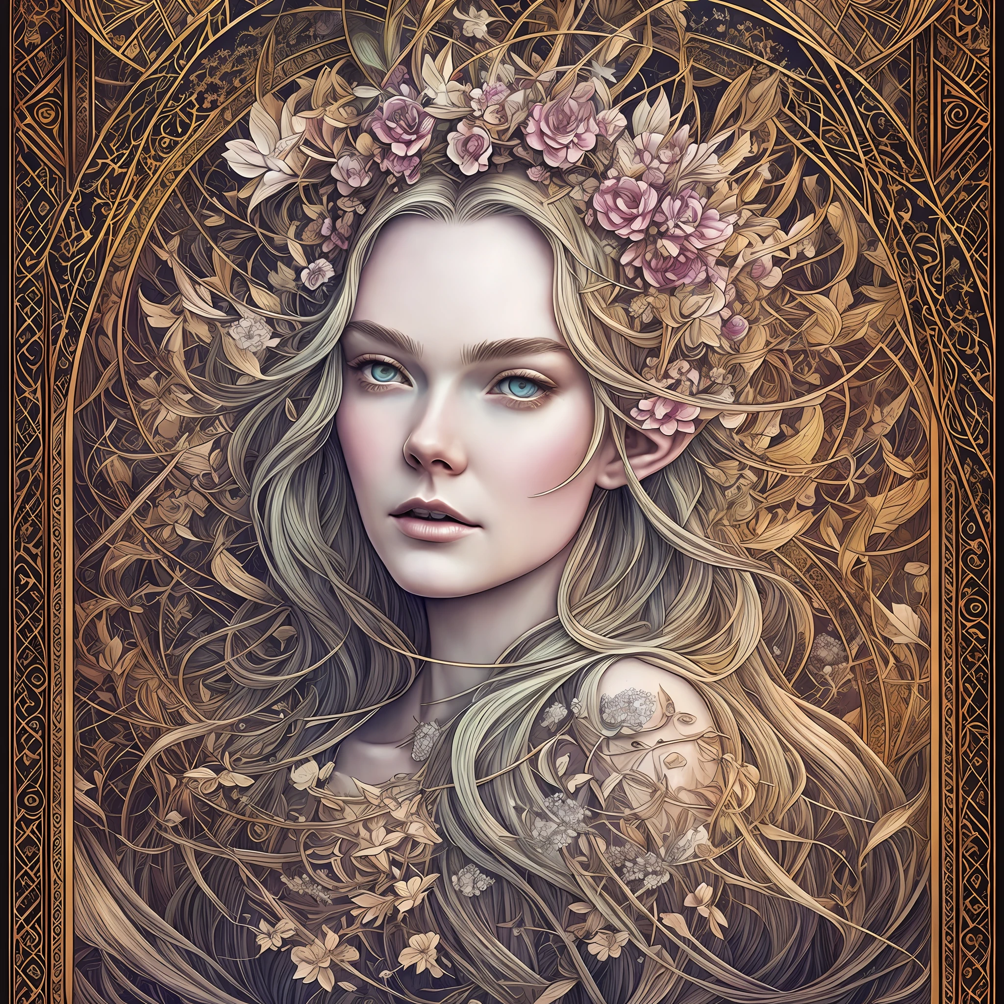A tarot card of a gorgeous beautiful elf warrior queen, fractal magic, illustration in the style of Travis Charest, ink linework, poster, Elle Fanning model, cgsociety, fantasy art, detailed illustration, mystical, A botanical masterpiece, detailed, hyper-realistic, elemets of symbolism and surrealism, intricate design, intertwined, beautiful woman, flowers, pastel.