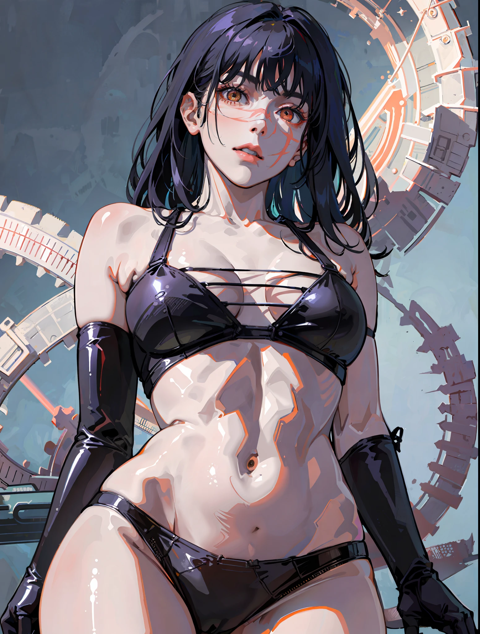 ((masterpiece, best quality)), (1girl), (solo), (female focus), yoru \(chainsaw man\),(very detailed face, real image, realistic white skin, realistic body, intricate details), from below, looking at the viewer, black hair, intimidating look, casual clothes, small breasts, black panties