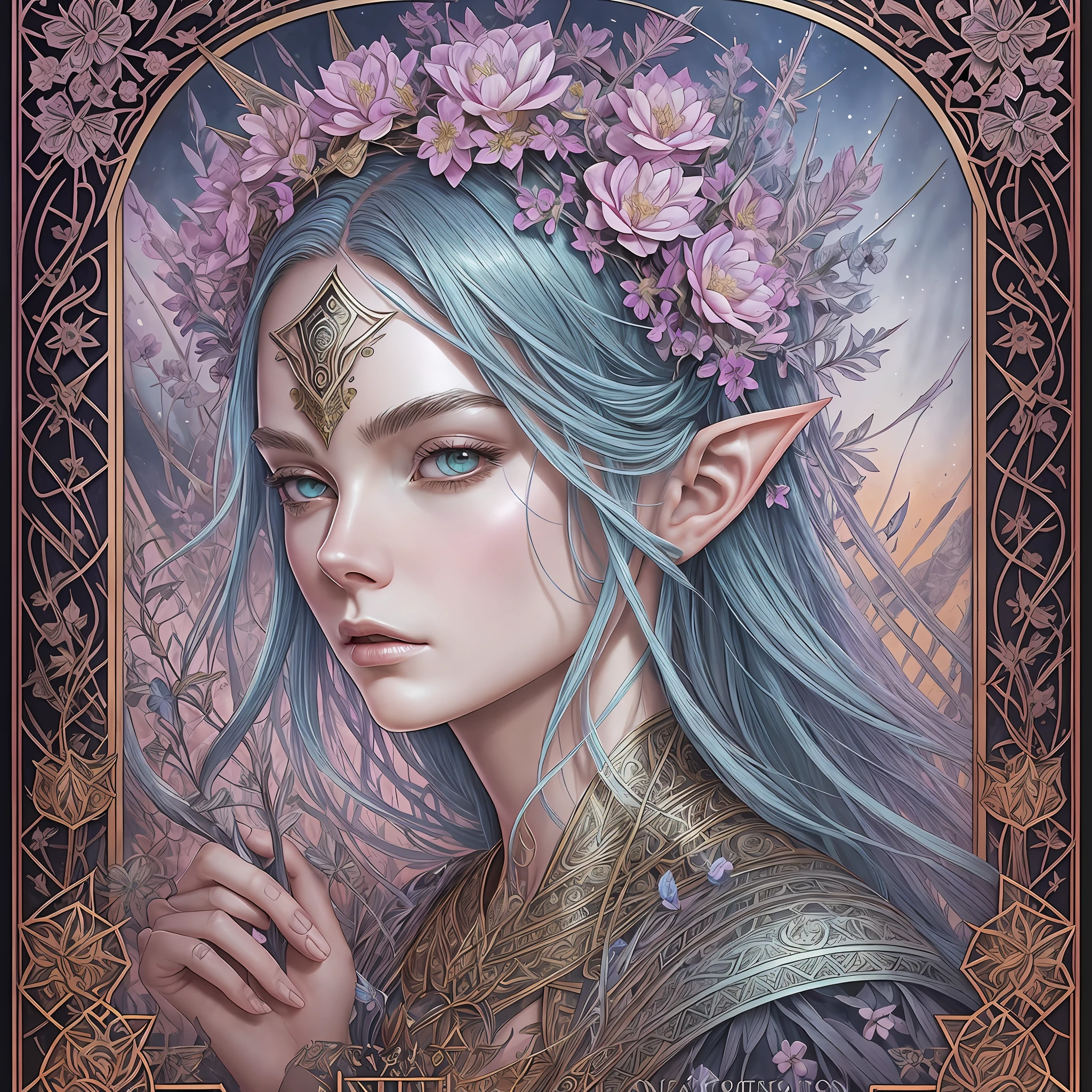 A tarot card of a gorgeous beautiful elf warrior queen, fractal magic, illustration in the style of Travis Charest, ink linework, poster, Elle Fanning model, cgsociety, fantasy art, detailed illustration, mystical, A botanical masterpiece, detailed, hyper-realistic, elemets of symbolism and surrealism, intricate design, intertwined, beautiful woman, flowers, pastel.
