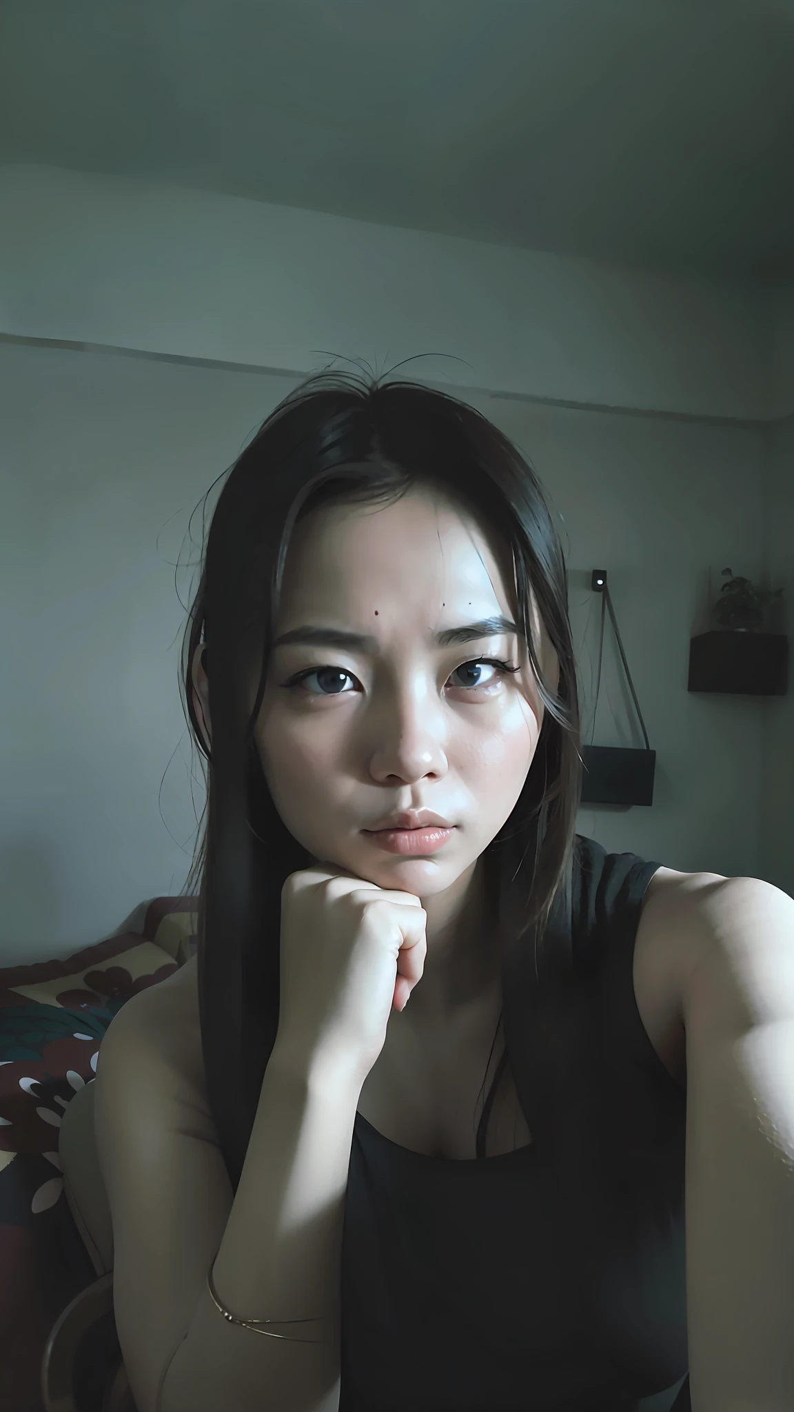 there is a woman sitting on a bed with her hand on her chin, 🤤 girl portrait, low quality photograph, south east asian with round face, xintong chen, pale round face, 8k selfie photograph, lovingly looking at camera, she is facing the camera, girl cute-fine-face, wenfei ye, face with artgram, a young asian woman
