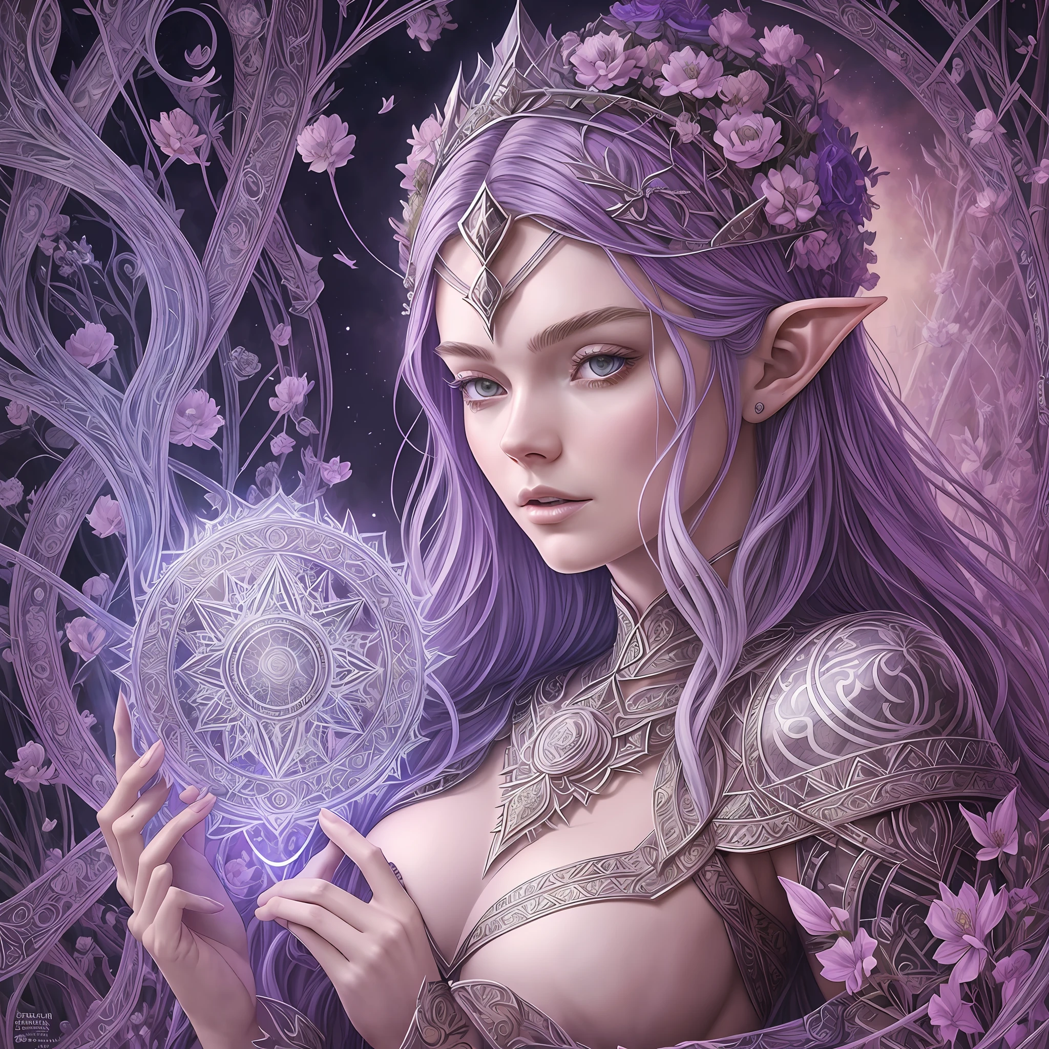 A tarot card of a gorgeous beautiful elf warrior queen, fractal magic, illustration in the style of Travis Charest, ink linework, poster, Elle Fanning model, cgsociety, fantasy art, detailed illustration, mystical, A botanical masterpiece, detailed, hyper-realistic, elemets of symbolism and surrealism, intricate design, intertwined, beautiful woman, flowers, pastel.