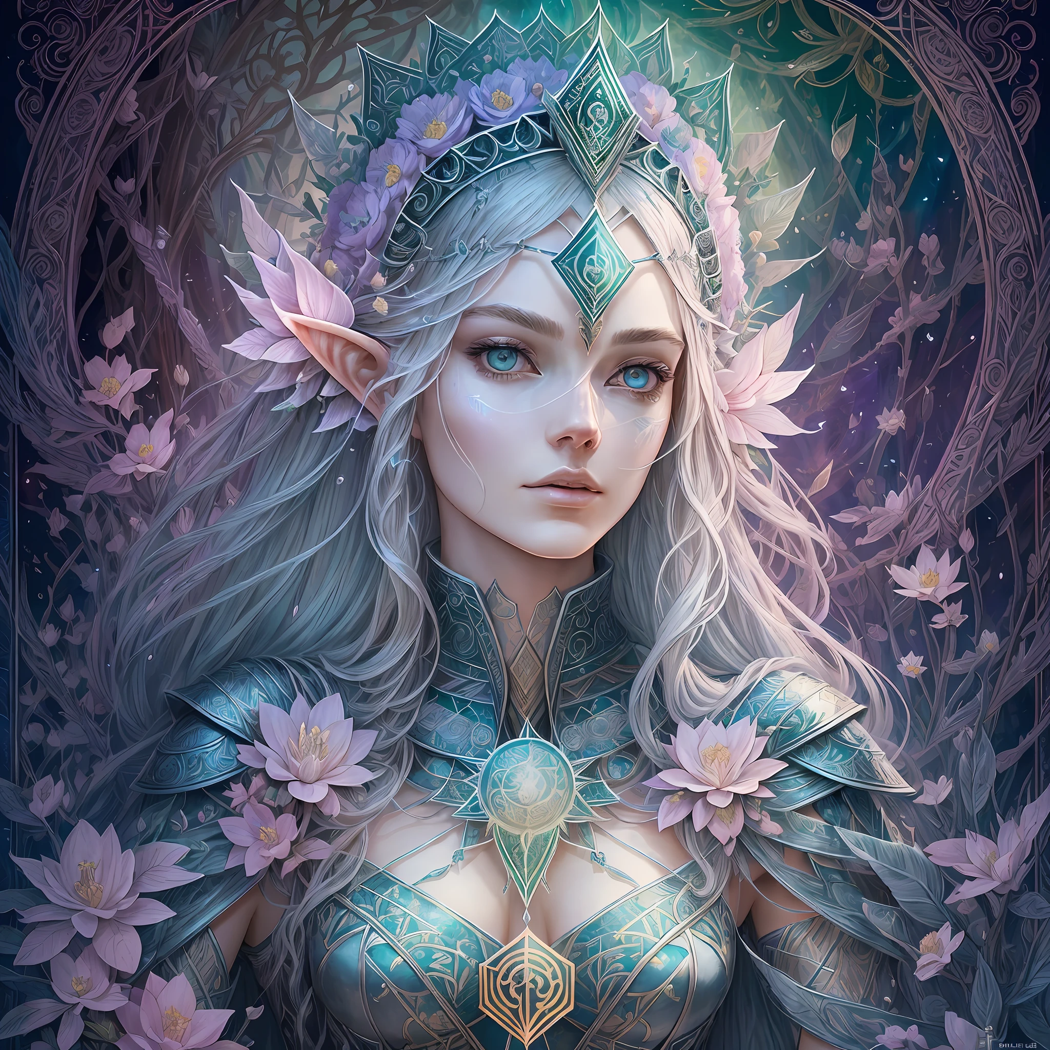 A tarot card of a gorgeous beautiful elf warrior queen, fractal magic, illustration in the style of Travis Charest, ink linework, poster, Elle Fanning model, cgsociety, fantasy art, detailed illustration, mystical, A botanical masterpiece, detailed, hyper-realistic, elemets of symbolism and surrealism, intricate design, intertwined, beautiful woman, flowers, pastel.