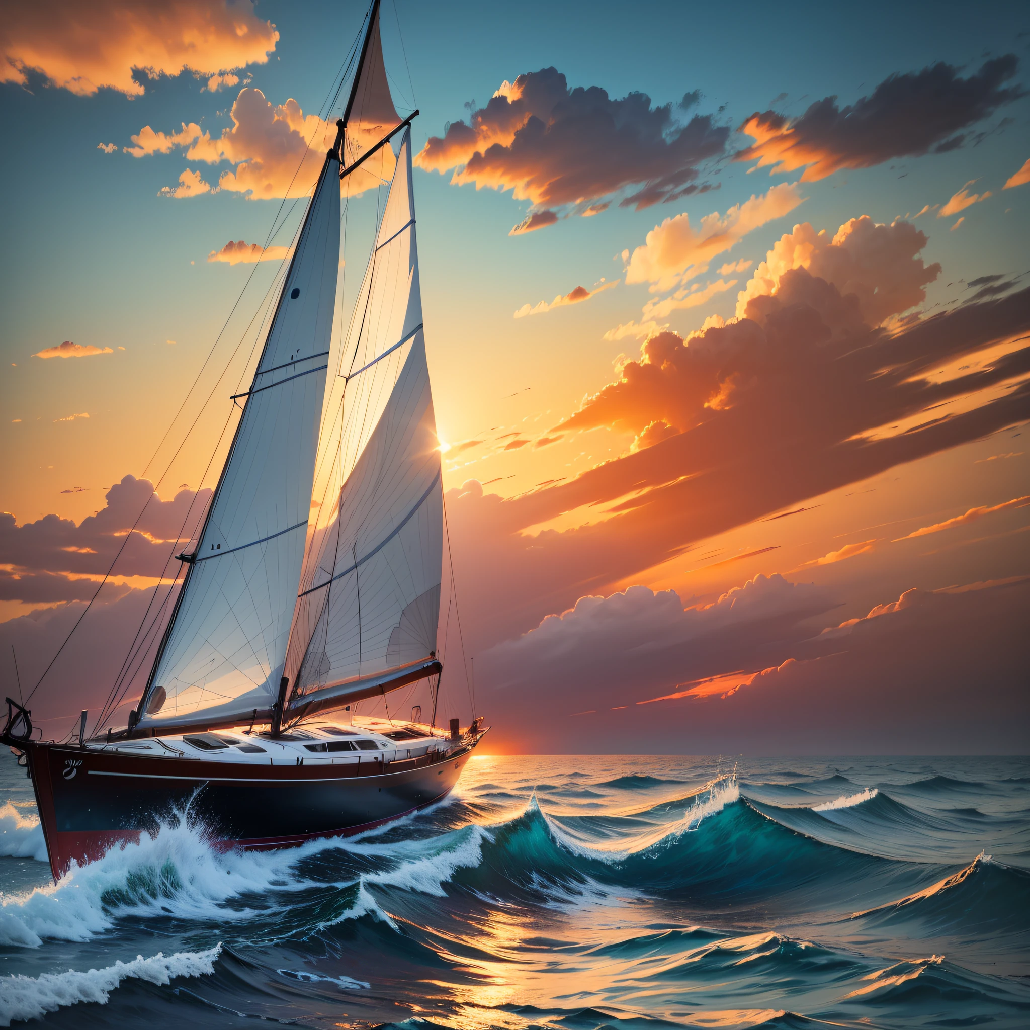 painting of a sailboat in the ocean at sunset with a bright sun, sail boat on the background, sailing boat, sailboat, on the sea, painted in bright water colors, by Bencho Obreshkov, oil painting 4 k, oil painting 4k, sunset illustration, going forward to the sunset, oil painting. hd, beautiful art uhd 4 k --auto --s2