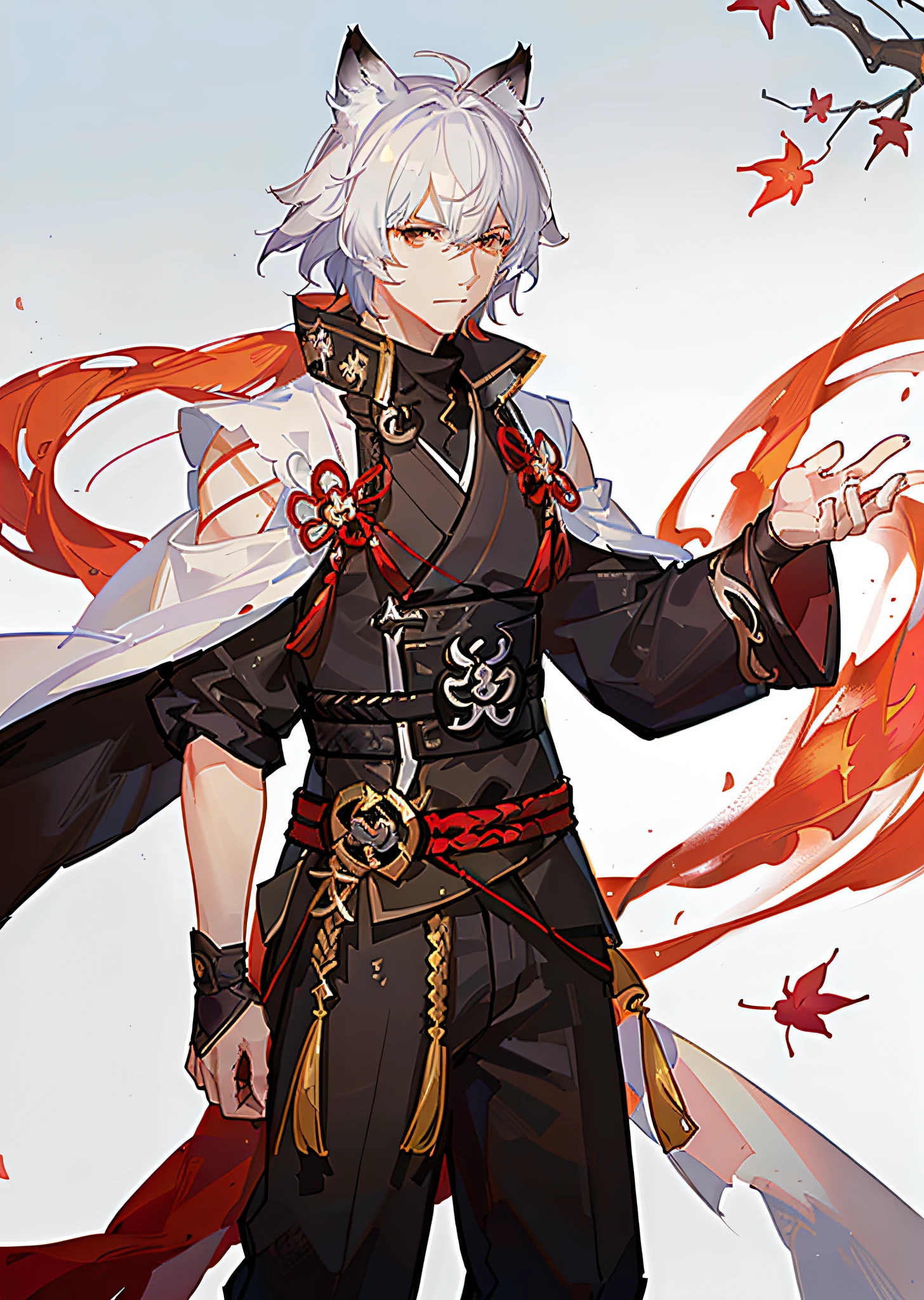 character with and, with a katana on his belt, is a white-haired deity with an orange buckler,Kaedehara Kazuha from genshin impact, fox ears,  Kazuha from genshin impact, handsome guy in genshin impact art, anime style 4 k, handsome japanese boy, young anime man, male anime character, night sky, Maple park, lake, maple leaves