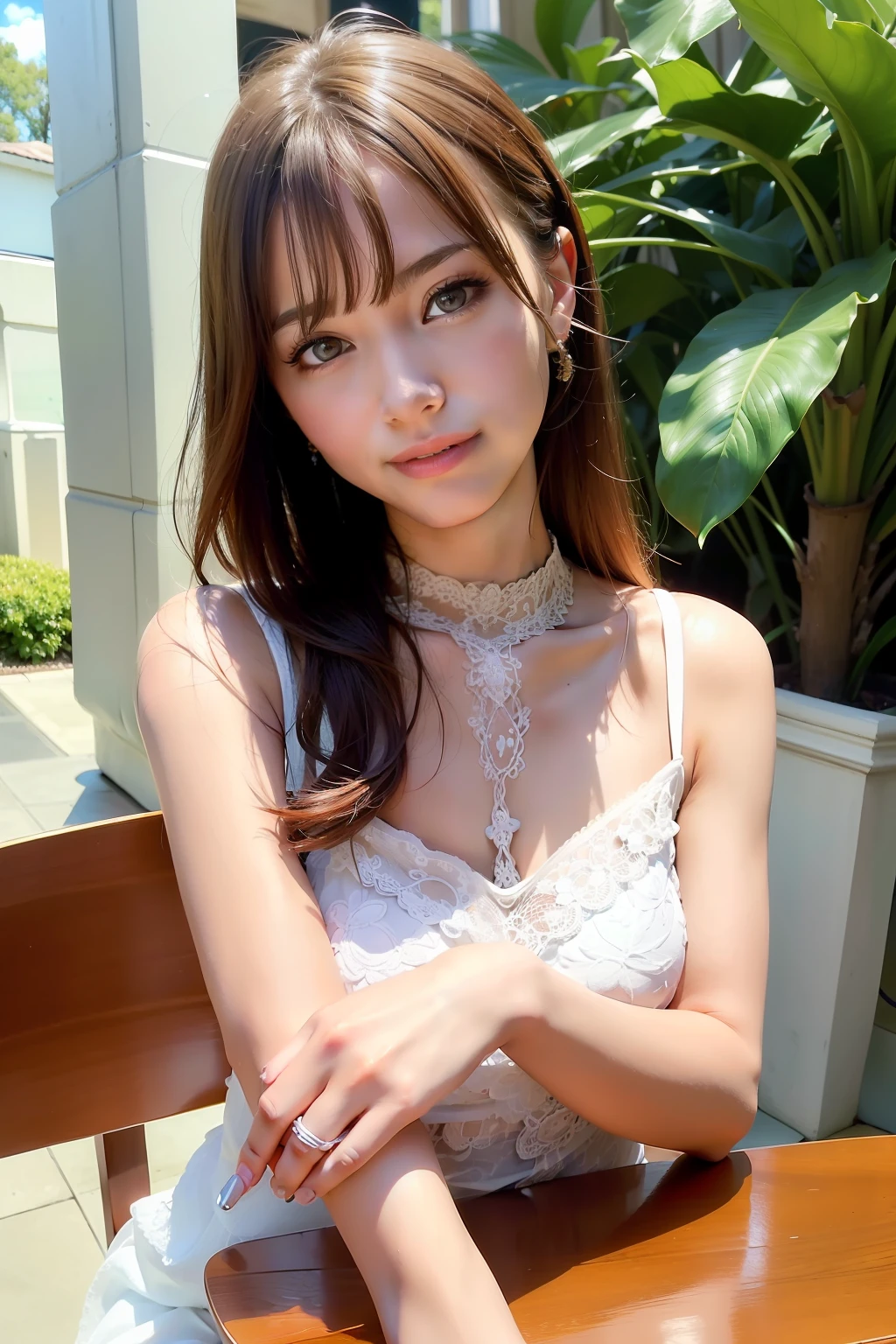 best quality, masterpiece, ultra high res, 8K, raw, (photo realistic:1.4), professional lighting, sharp focus, 1 girl, (detailed background:1.5), (at the fashionable cafe:1.3), full body, slender, (sit on a chair, crossed legs), cute, 24yo, smile, tiny breasts, detailed clothes, (sheer embroidery dress, mock neck)