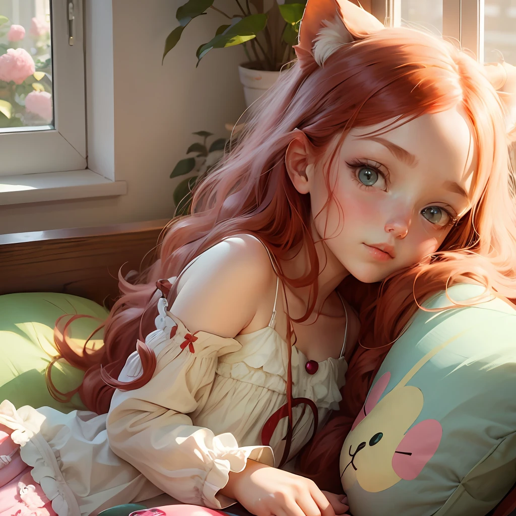 Cute little girl with long red hair and big green eyes sitting on a bed, surrounded by fluffy pillows and stuffed animals, sunlight streaming through the window, Dreamy, Whimsical, Pastel colors, Digital painting, Artstation, Highly detailed, Smooth, art by loish and sakimichan and erica willey --auto --s2