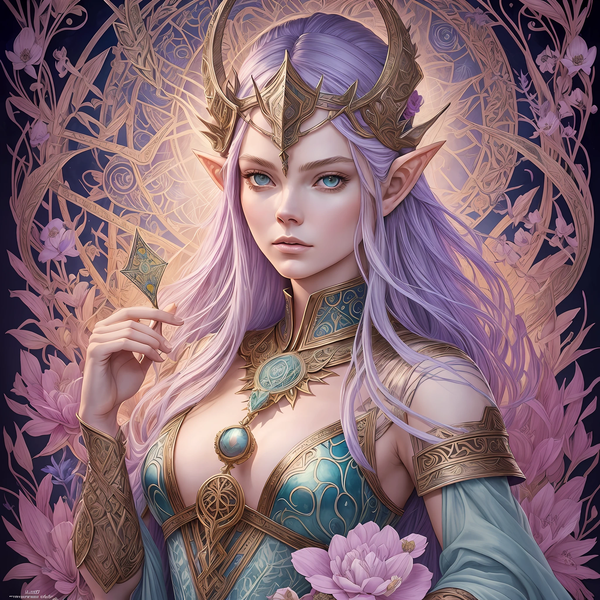 A tarot card of a gorgeous beautiful elf warrior queen, fractal magic, illustration in the style of Travis Charest, ink linework, poster, Elle Fanning model, cgsociety, fantasy art, detailed illustration, mystical, A botanical masterpiece, detailed, hyper-realistic, elemets of symbolism and surrealism, intricate design, intertwined, beautiful woman, flowers, pastel.