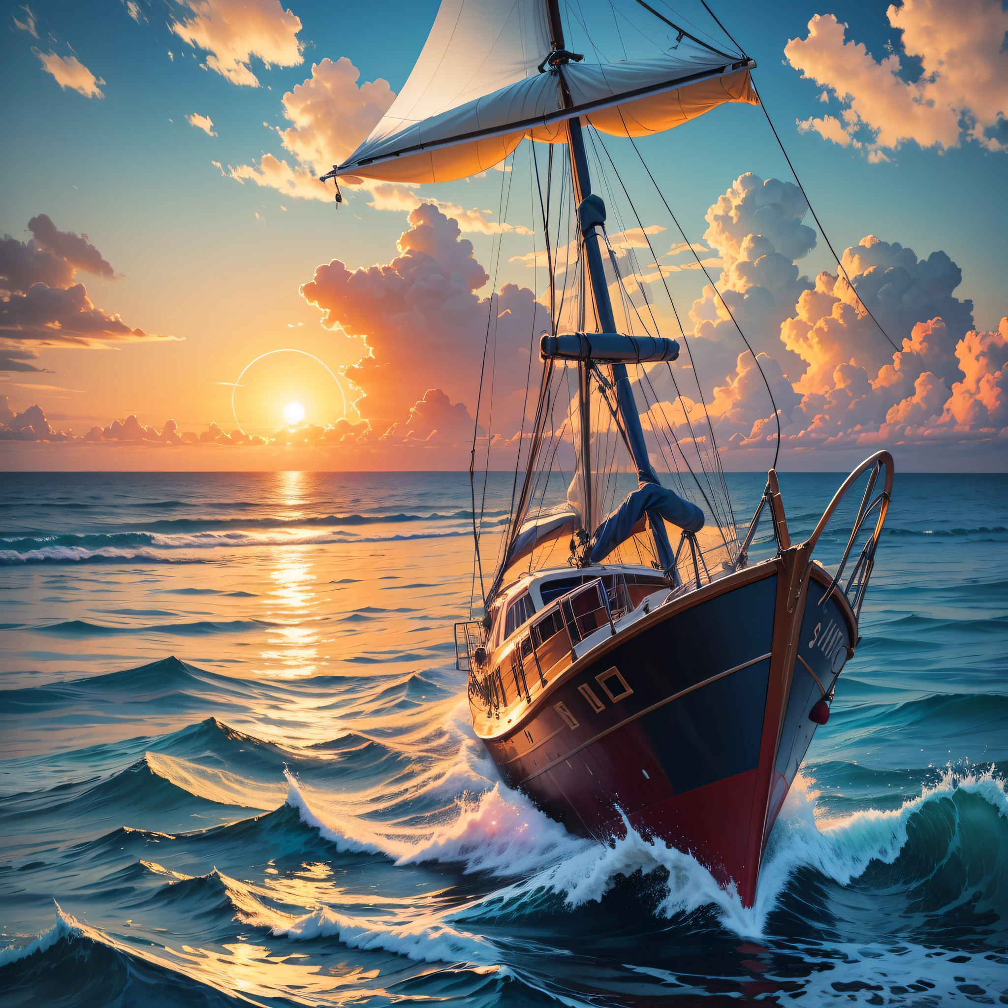 painting of a sailboat in the ocean at sunset with a bright sun, sail boat on the background, sailing boat, sailboat, on the sea, painted in bright water colors, by Bencho Obreshkov, oil painting 4 k, oil painting 4k, sunset illustration, going forward to the sunset, oil painting. hd, beautiful art uhd 4 k --auto --s2