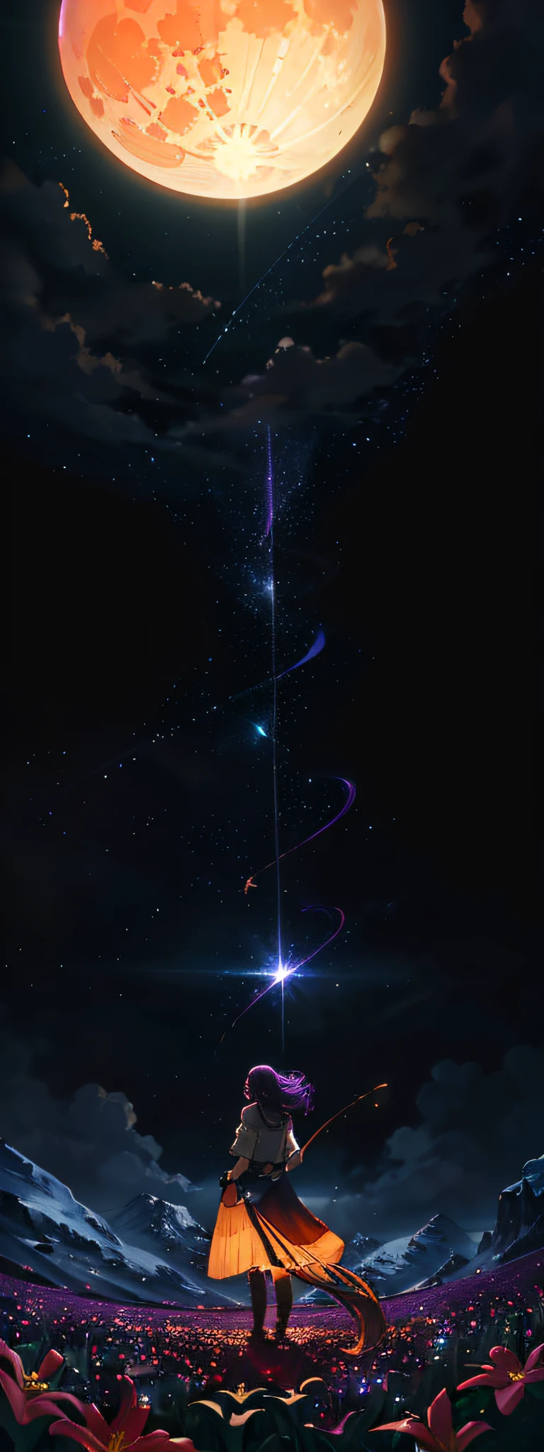 expansive landscape photograph , (a view from below that shows sky above and open field below), a girl standing on flower field looking up, (full moon:1.2), ( shooting stars:0.9), (nebula:1.3), distant mountain, tree BREAK
production art, (warm light source:1.2), (Firefly:1.2), lamp, lot of purple and orange, intricate details, volumetric lighting, realism BREAK
(masterpiece:1.2), (best quality), 4k, ultra-detailed, (dynamic composition:1.4), highly detailed, colorful details,( iridescent colors:1.2), (glowing lighting, atmospheric lighting), dreamy, magical, (solo:1.2)