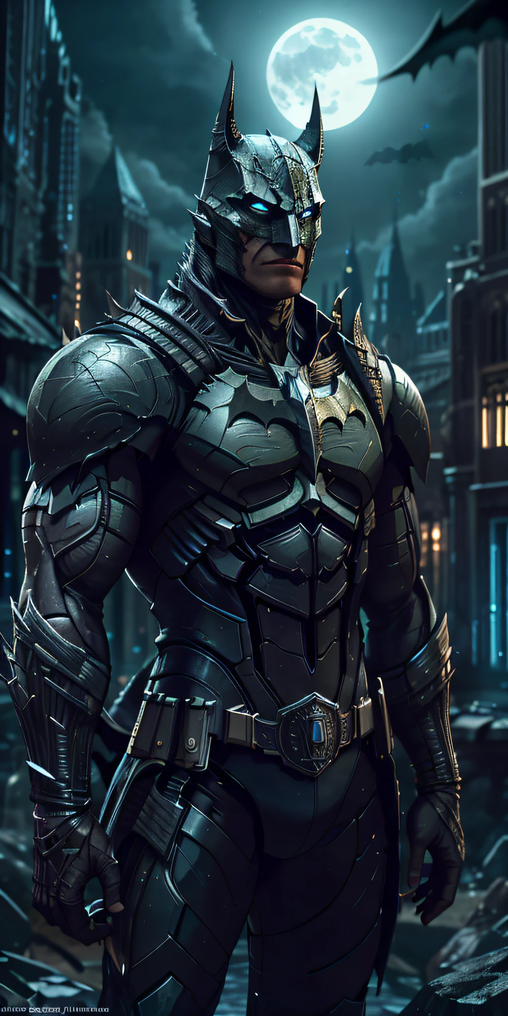 Batman from the dark knight stands imposing in a gothic lost city. Moonlight highlights your muscles and scars. The scenery is lush and mysterious, with futuristic tech and surroundings. The camera details everything, a warrior woman, in front of him.