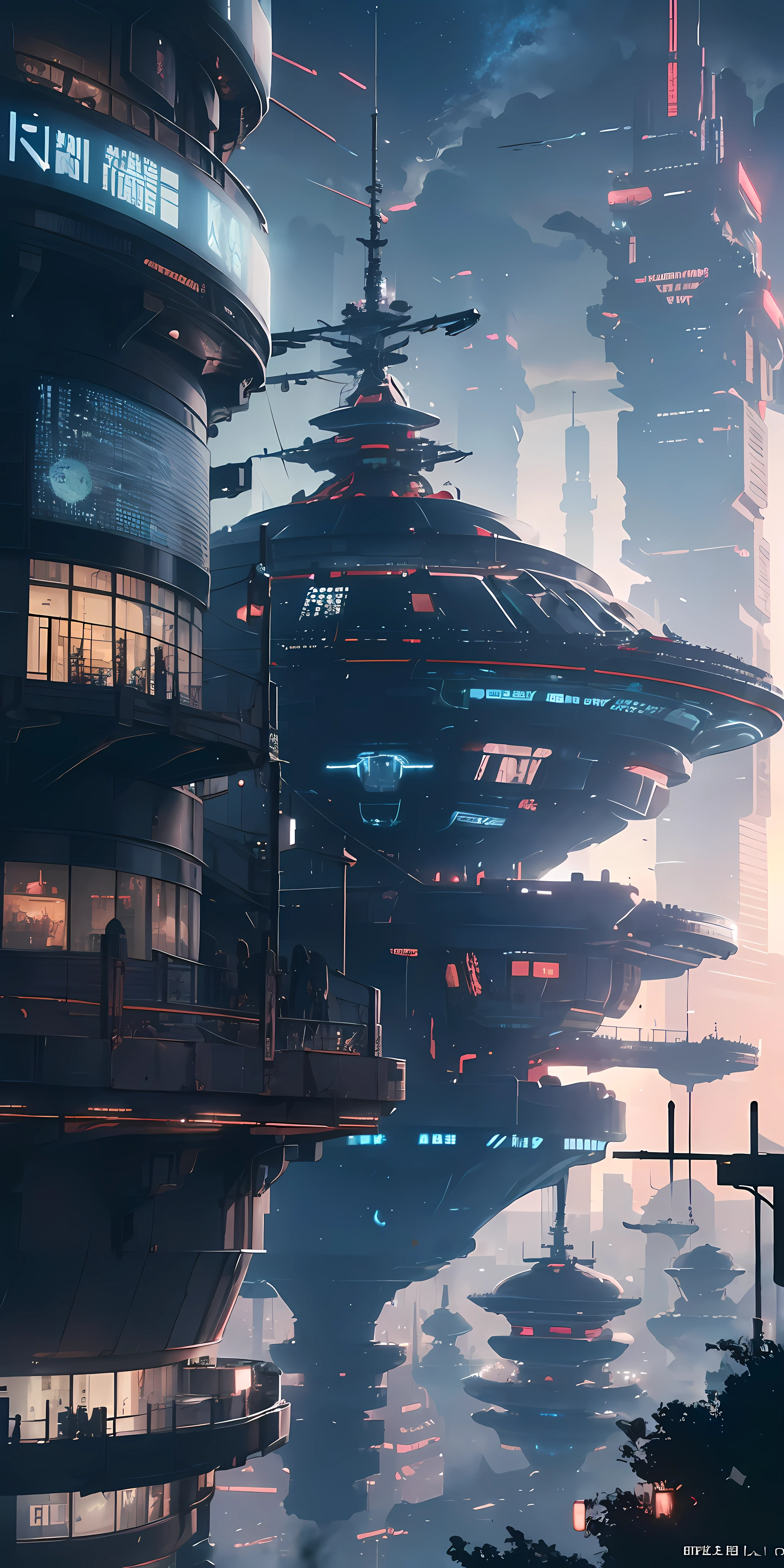 futuristic cityscapes, ((Cyborg)), (irregular architecture), mechanical, (cyberpunk), (hovering trains), drones, realistic lighting, (abyss) masterpieces, high quality, beautiful anime, high detail, ((looming flying saucers and ships in the sky)), vision (wide-angle lens), ultra-high resolution (anime: 1.4), ultra-high quality,  8k wallpapers, aesthetics, high detail, detail enhancement, blur removal, The art of intricacies and travel. Visually stunning. Beautiful futuristic city, beautiful city, Chinese dream land, pexels, blue hour photography, Chinese dreamland, spectacular clouds, fantasy clouds.