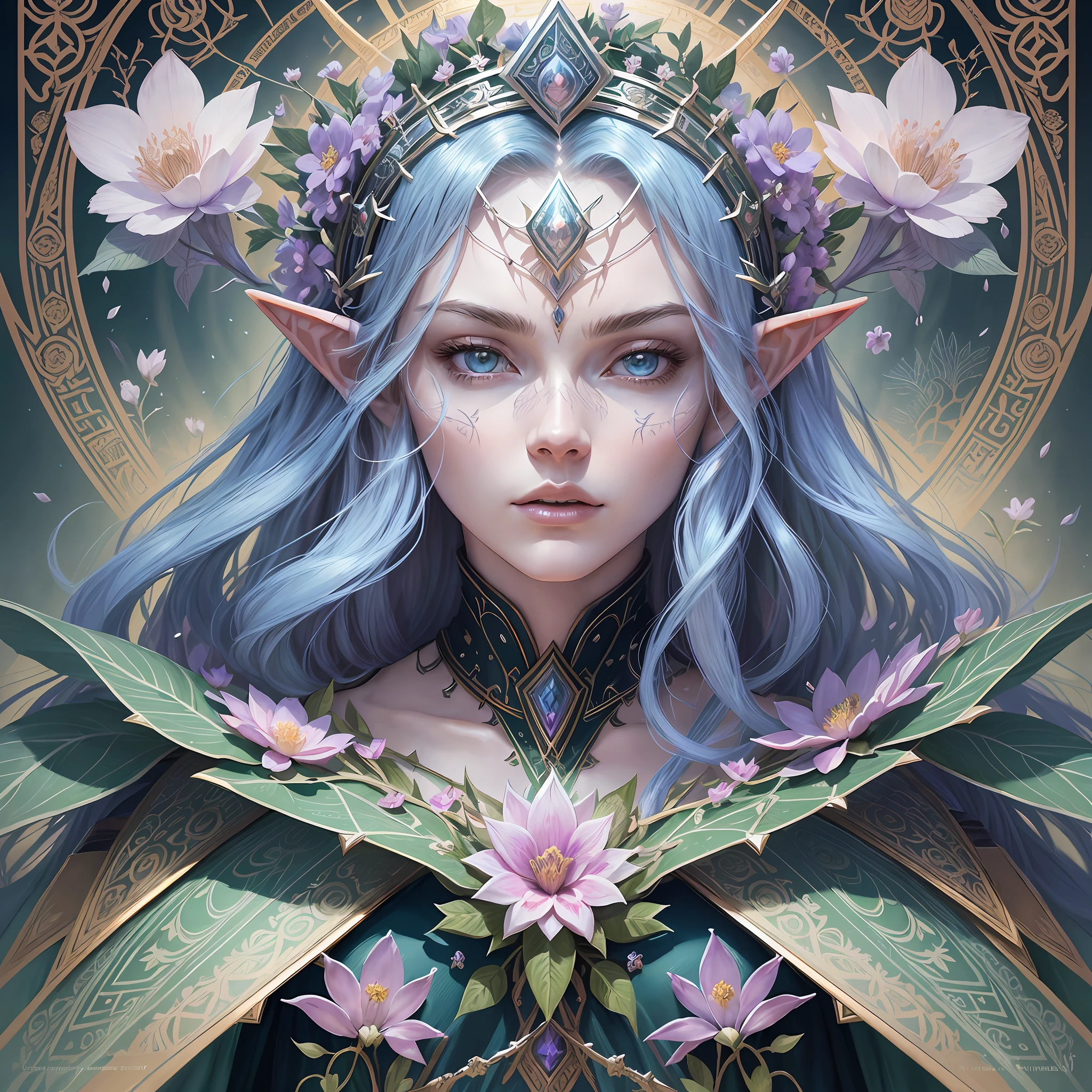 A tarot card of a gorgeous beautiful elf warrior queen, fractal magic, illustration in the style of Travis Charest, ink linework, poster, Elle Fanning model, cgsociety, fantasy art, detailed illustration, mystical, A botanical masterpiece, detailed, hyper-realistic, elemets of symbolism and surrealism, intricate design, intertwined, beautiful woman, flowers, pastel.
