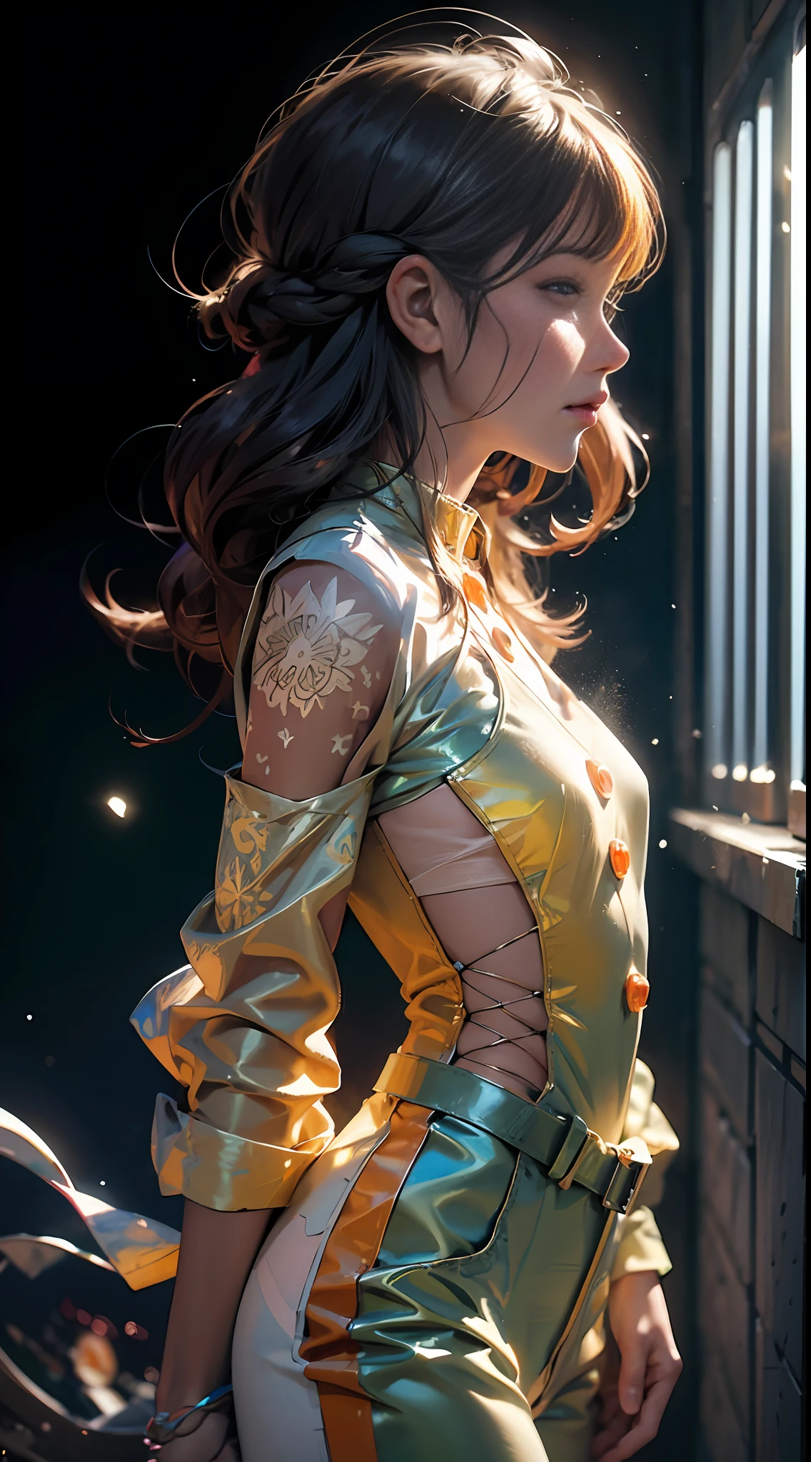 Watercolor paint, Realistic profile photograph (side) of 1girl in white and orange sticky jumpsuit with buttons, transparencies and neon stripes, runny viscous liquid, melt, drops, bottom-up view, luminous colorization, mandalas and fractal background images, particles, super-detailed, ultrasharp