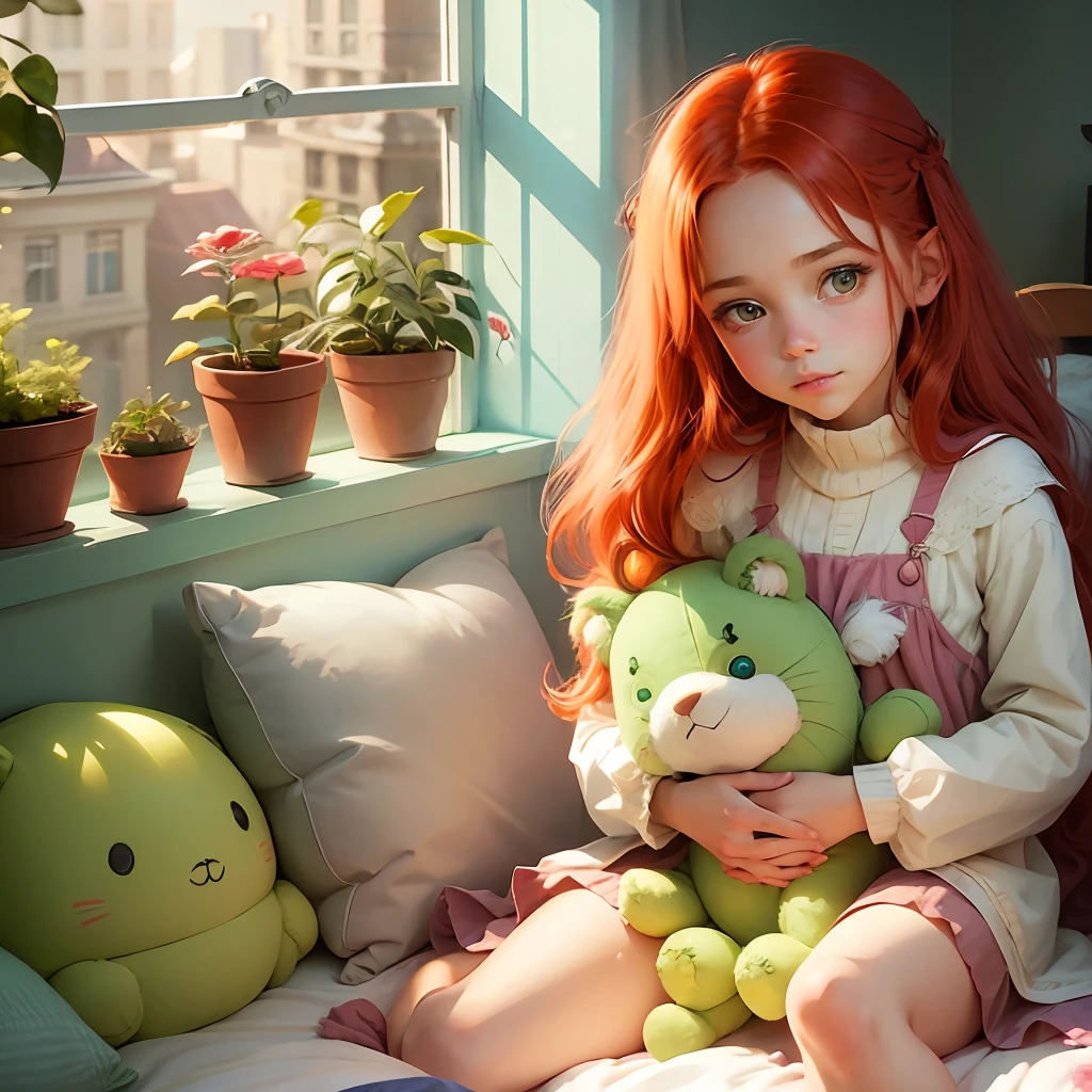 Cute little girl with long red hair and big green eyes sitting on a bed, surrounded by fluffy pillows and stuffed animals, sunlight streaming through the window, Dreamy, Whimsical, Pastel colors, Digital painting, Artstation, Highly detailed, Smooth, art by loish and sakimichan and erica willey --auto --s2