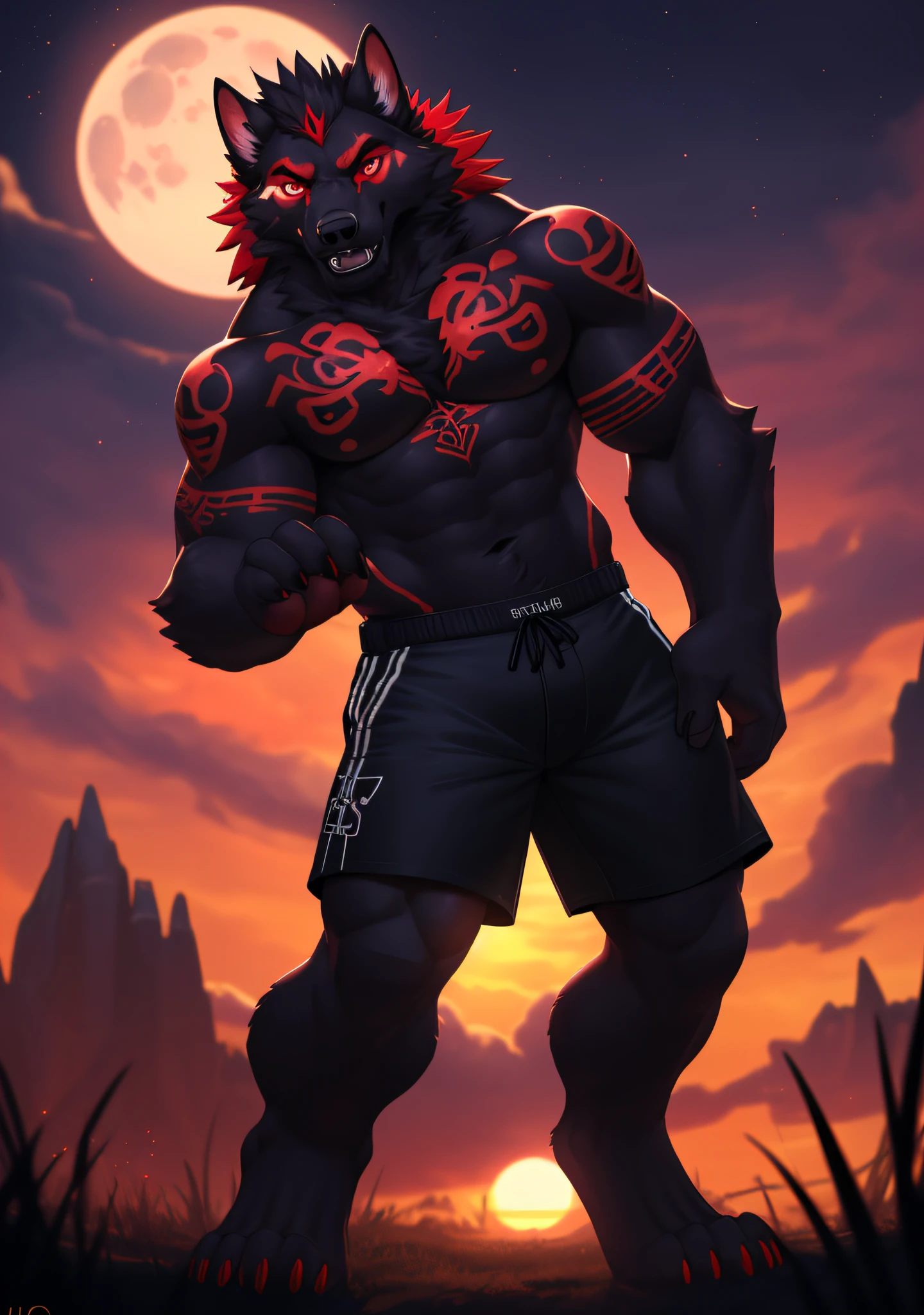 male alpha wolf in garden, black skin, red tattoo, waning moon tattoo on chest, ((heterochromia, blue left eye, red right eye)) dreamy background, kindness, ((serious, frightening expression)), unlimited light, magnificent sunset background, octane render, beautiful features, beautifully detailed eyes, intricate skin, detailed face, perfect skin texture, extreme details, full body vision, cinematic lighting, professional lighting, centered, looking at the camera, 8k, shooting with Hasselblad X1D-50, maximum focus, depth of field, perfect lighting, light particles, (best quality), (masterpiece), (ultra detailed), sharp focus, light particles, standing, black shorts, standing, detailed legs, detailed paws,