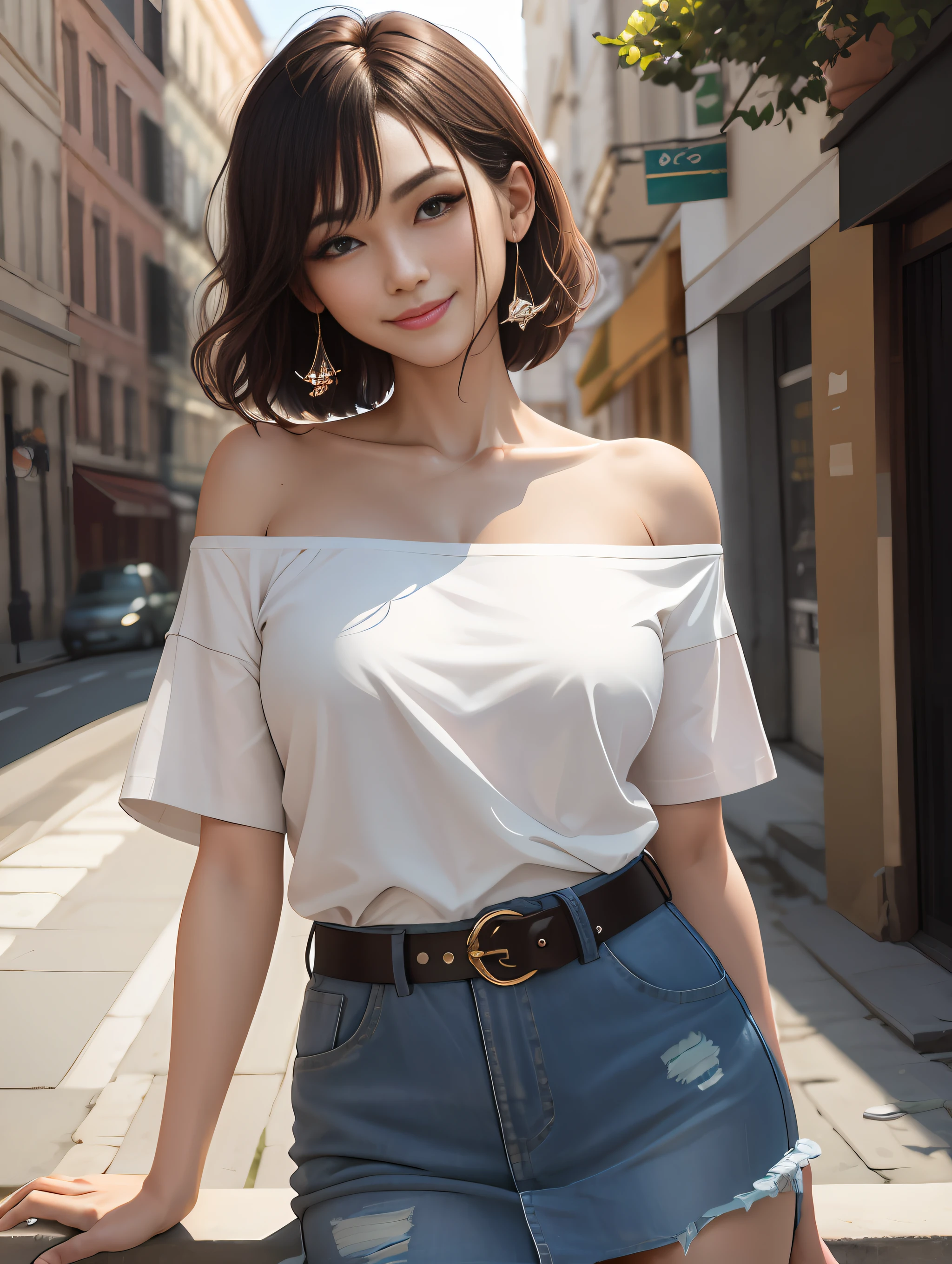 4K, masterpiece, high resolution, absurdity, natural volume lighting and best shadows, deep depth of field, sharp focus, smile, soft and delicate beautiful face, edgAsianc, beautiful woman, oversized t-shirt, off-the-shoulder, belt, skirt, wear edgAsianc, shoot