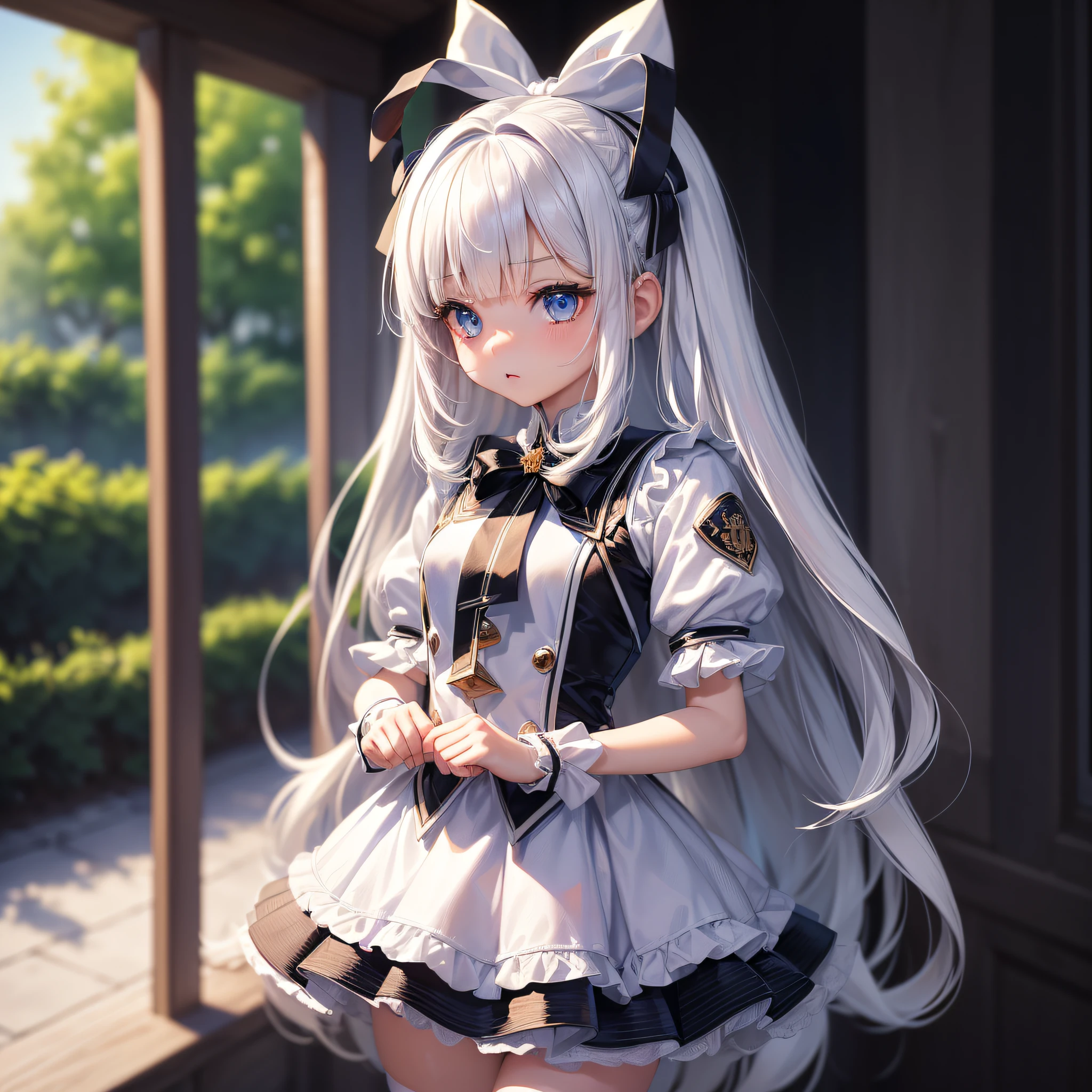 (masterpiece, top quality, high resolution, illustration, perfect anatomy), 1 girl, solo, ((Cute Chibi Girl: 1.5), Cute Pose, (White hair, long straight hair, bangs, white uniform, cute blue eyes, white skirt, bulk ribbon, black legs: 1.3), (very thin, thin waist), --auto --s2