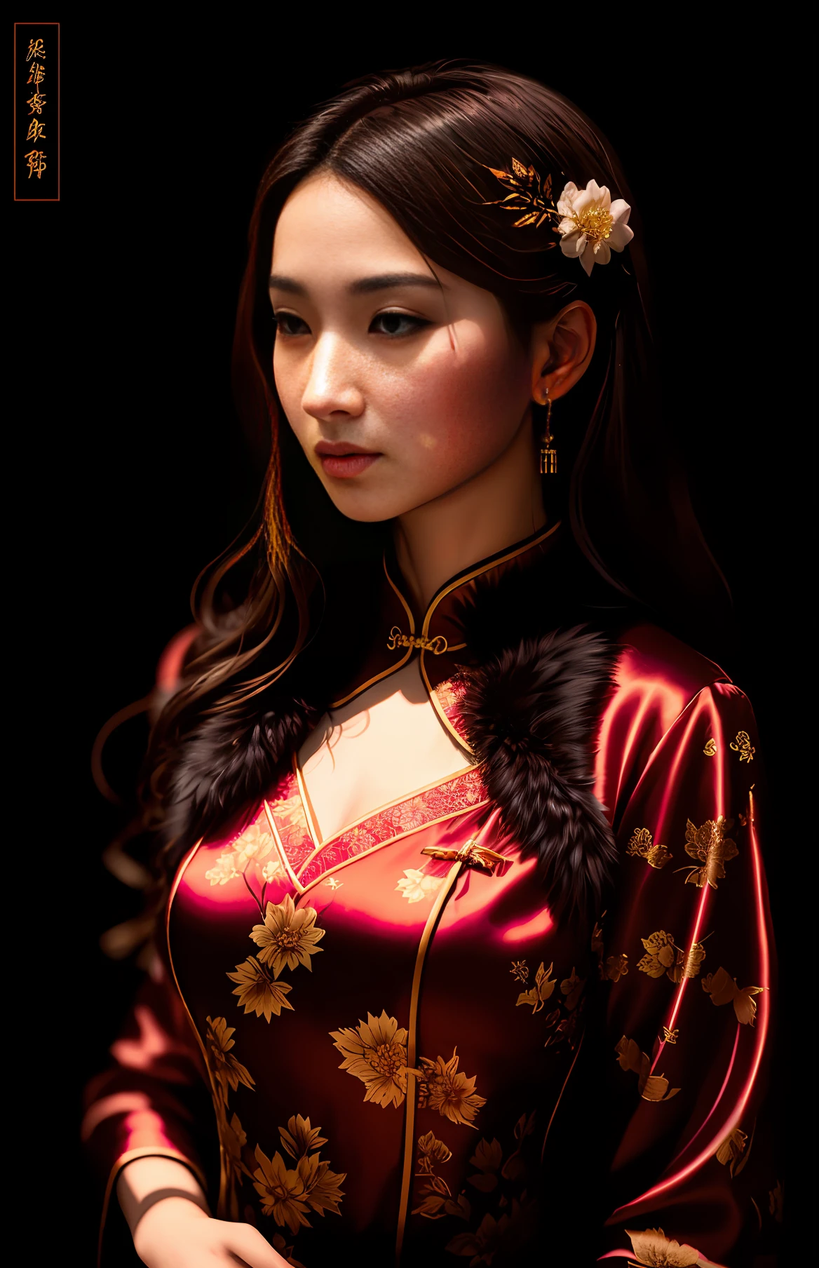 (front focus), closeup of portrait,(in the dark:1.4), Hyperrealist portrait of female by david hockney and alphonse mucha,stage,neons,fantasy art,1 girl standing on the stage under the stage lights,wearing gorgeous cheongsam,photo realistic, dynamic lighting, artstation, poster, volumetric lighting, very detailed faces, 4 k, award winning, 1girl, in the dark, deep shadow, low key, (official clothing:1.4,gorgeous cheongsam,intricately hyperdetailed costume,fur),looking at camera, halfbody shot,(((realistic face))),