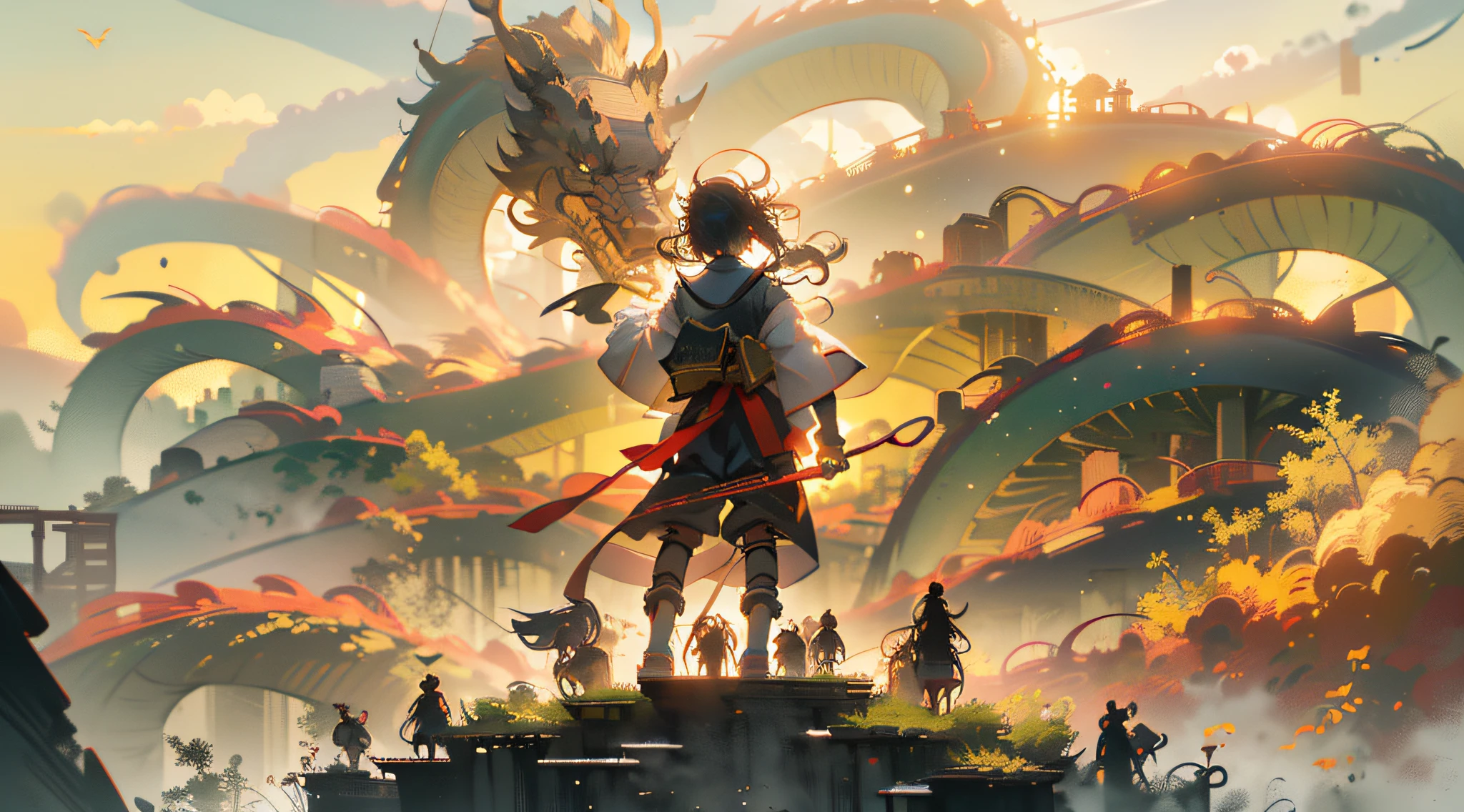 (Best Quality), (Masterpiece), (High Resolution), (Away from Camera), (Background Bokeh), (Backlight), Silhouette Lighting, Chinese Style, (Warrior), Sword in Hand, (Hairpin), Outdoor, (Standing on a Cliff), Hills, Bamboo Forest, ((Sunset Light))