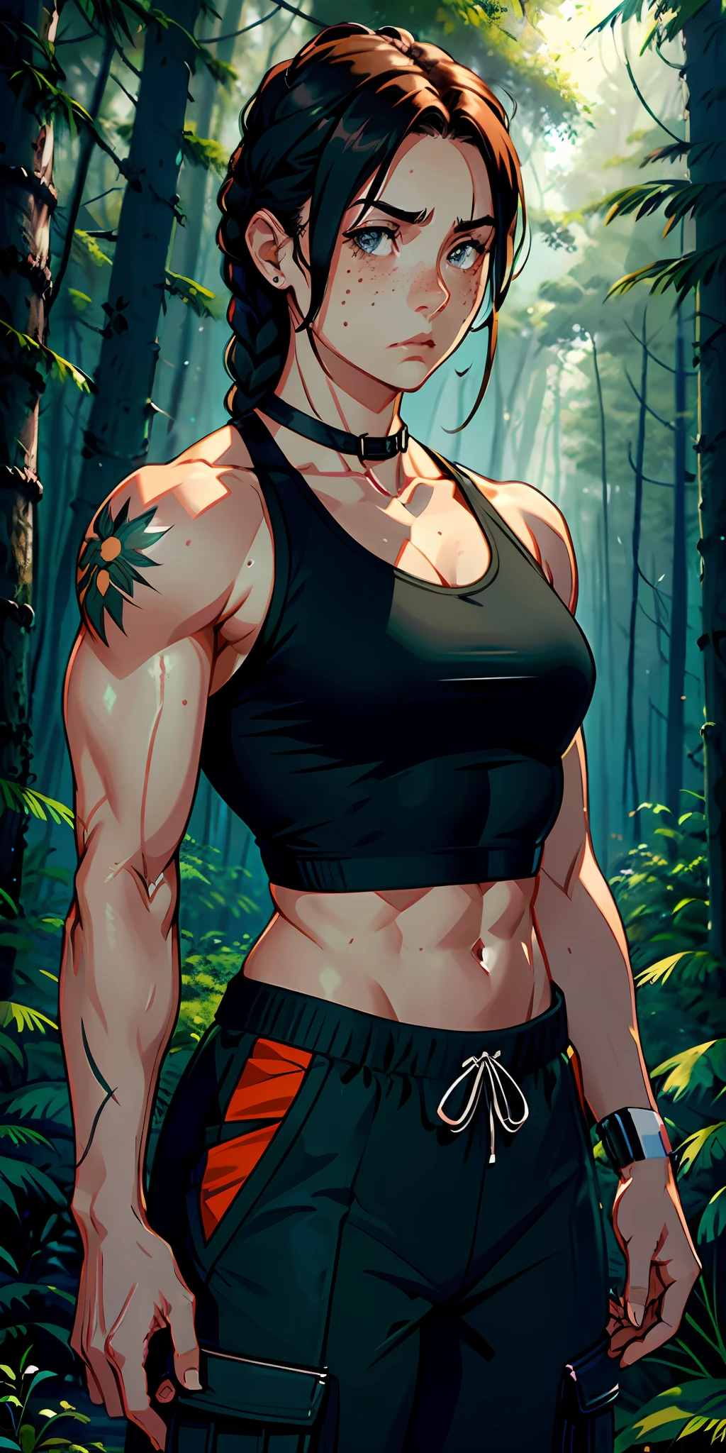 Woman, serious face, freckles, hair: brown, braid, bodybuilder, small chest, broad shoulders, black tank top, military cargo pants, background: forest at night