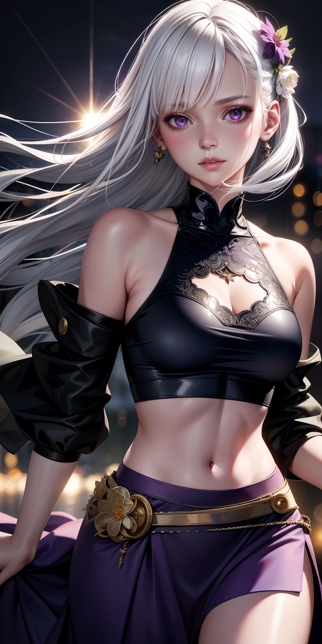 realistic, 1girl, white hair, purple eyes, glowing eyes, crop top, skirt, parted lips, blush, night, flowers, sun, sunlight,