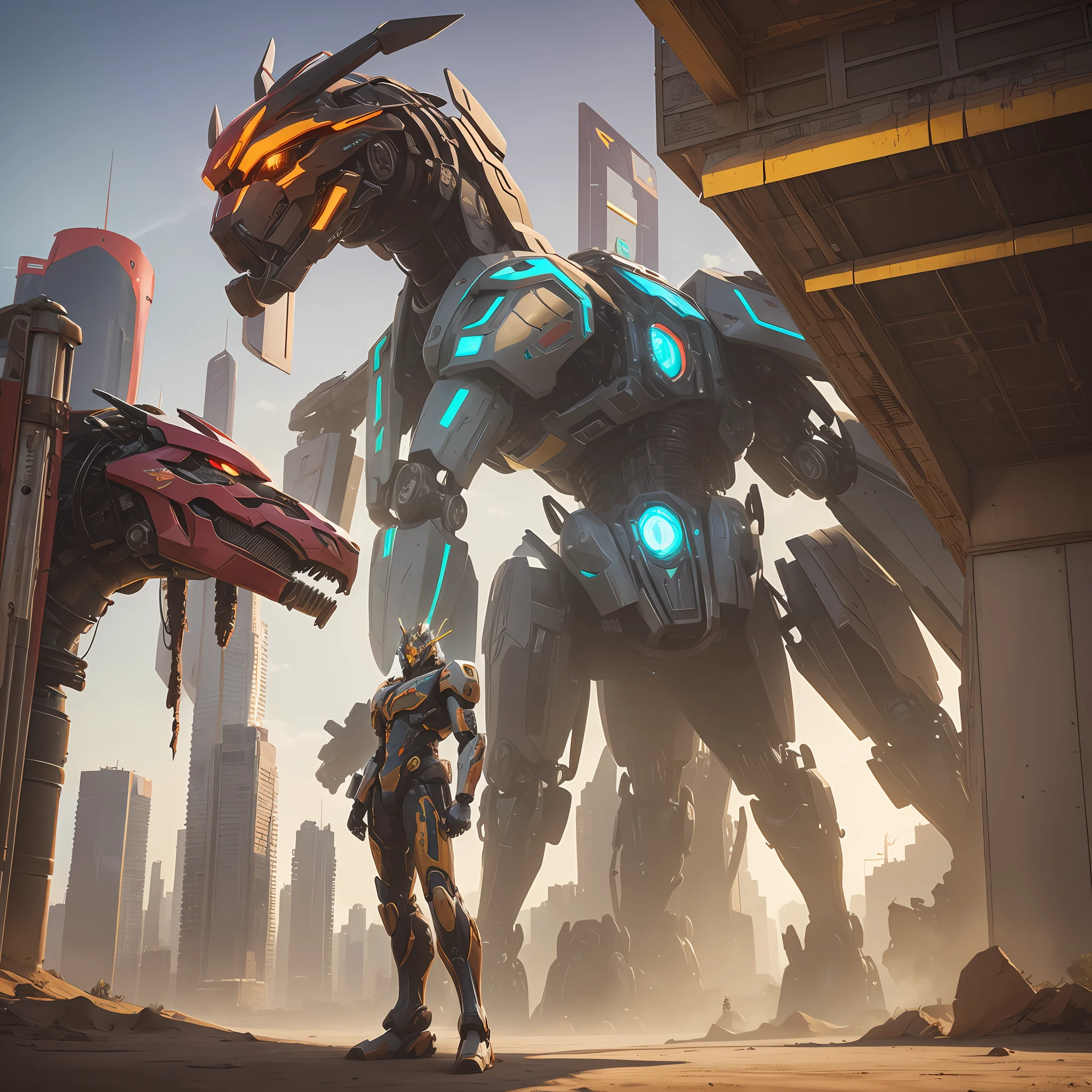 Cyberpunk mecha with desert in the background, a Chinese dragon