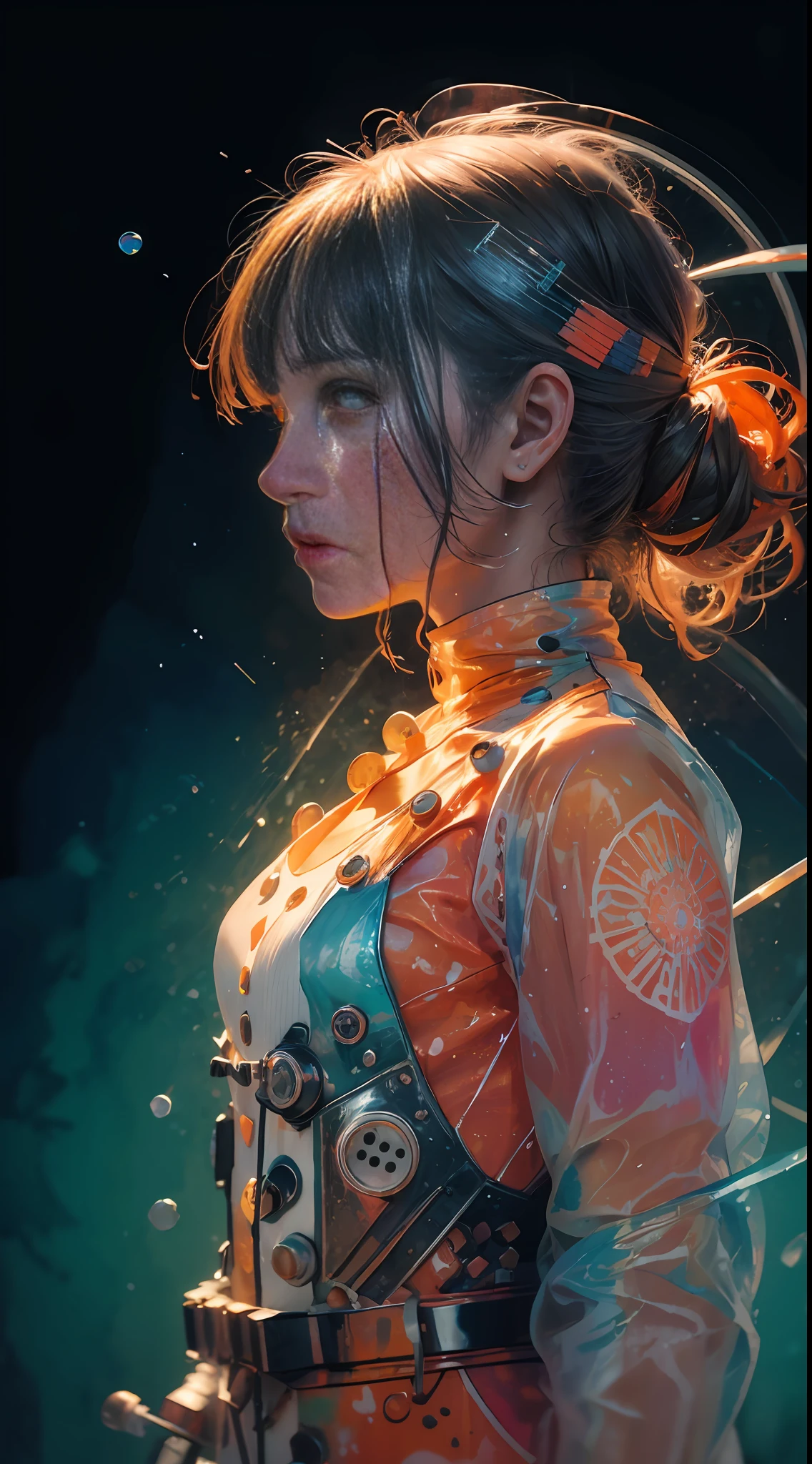 Watercolor paint, Realistic profile photograph (side) of 1girl in white and orange sticky jumpsuit with buttons, transparencies and neon stripes, runny viscous liquid, melt, drops, bottom-up view, luminous colorization, mandalas and fractal background images, particles, super-detailed, ultrasharp