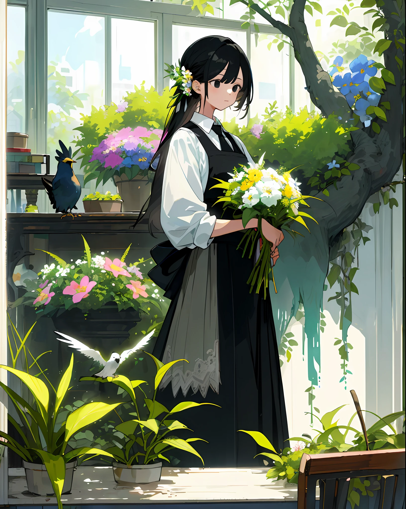 ((Masterpiece,Top Quality)), (1 Girl), Woman in her 30s selling flowers, upper body, florist, indoors, grass, plant, flower, tree, abandonment, stand, table, decoration, bird, black hair, flower in hair, black eyes, socks, holding flower