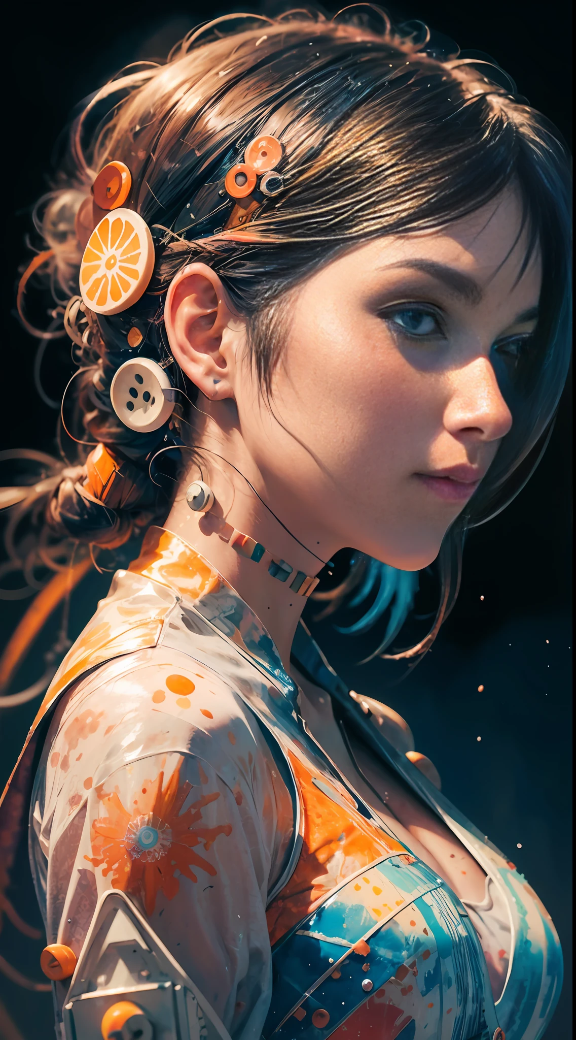 Watercolor paint, Realistic profile photograph (side) of 1girl in white and orange sticky jumpsuit with buttons, transparencies and neon stripes, runny viscous liquid, melt, drops, bottom-up view, luminous colorization, mandalas and fractal background images, particles, super-detailed, ultrasharp