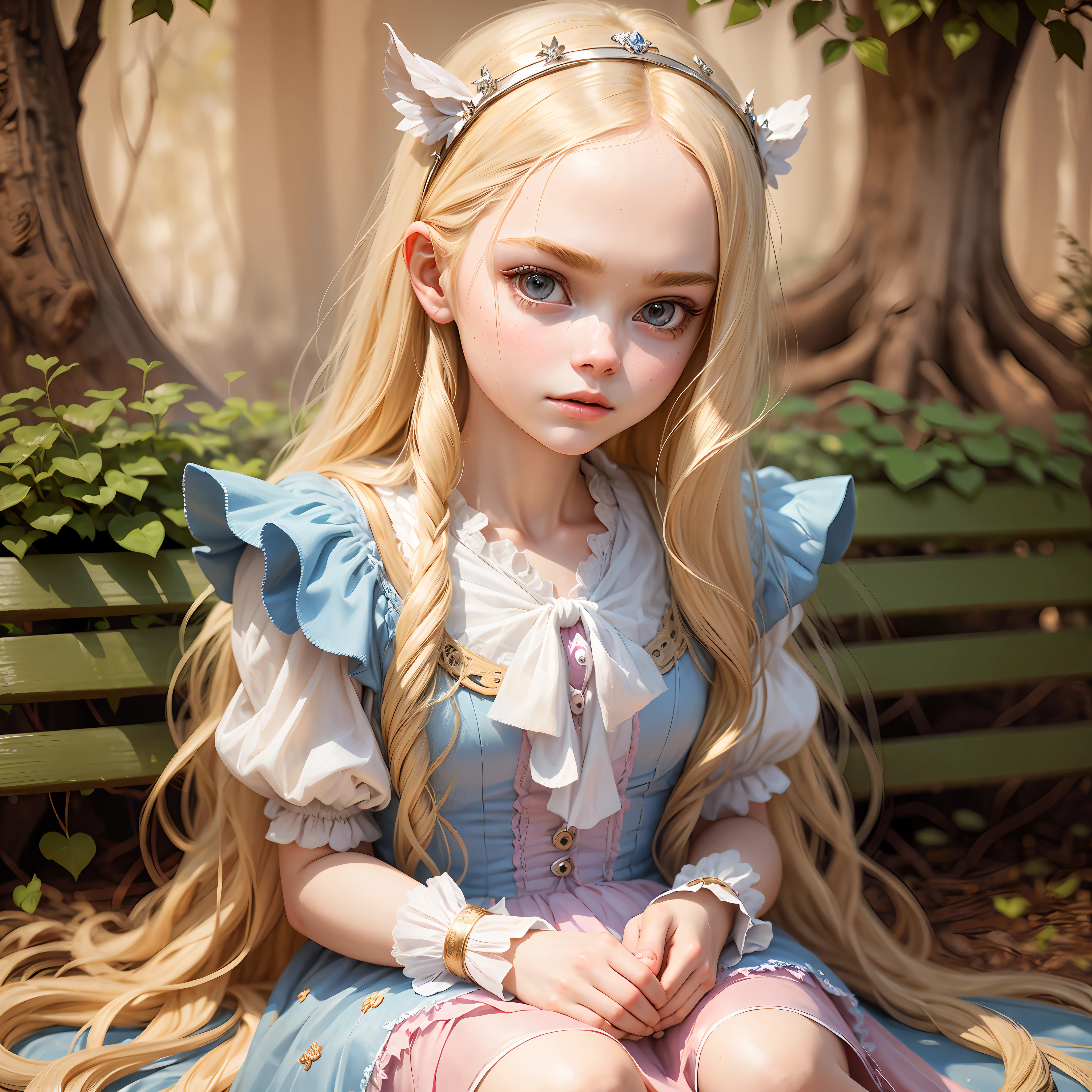 Textured skin, sweat A single girl, solo, Elle Fanning as Alice in Wonderland, cute, girl () with blonde hair, sitting on a bench, blonde, cravicula uncovered, exposed, tie, languid princess adorable, beautiful model, beautiful princess, beautiful female princess, a dazzling young ethereal figure, princess portrait, with long blonde hair, portrait of a princess, long blonde hair and big eyes, princess portrait, beautiful young girl, long blonde hair and big eyes, cute face, pink skin, best quality, ultra high resolution, (photorealistic), (detailed face and eyes), award-winning photographer, sharp focus, realistic lighting --auto --s2