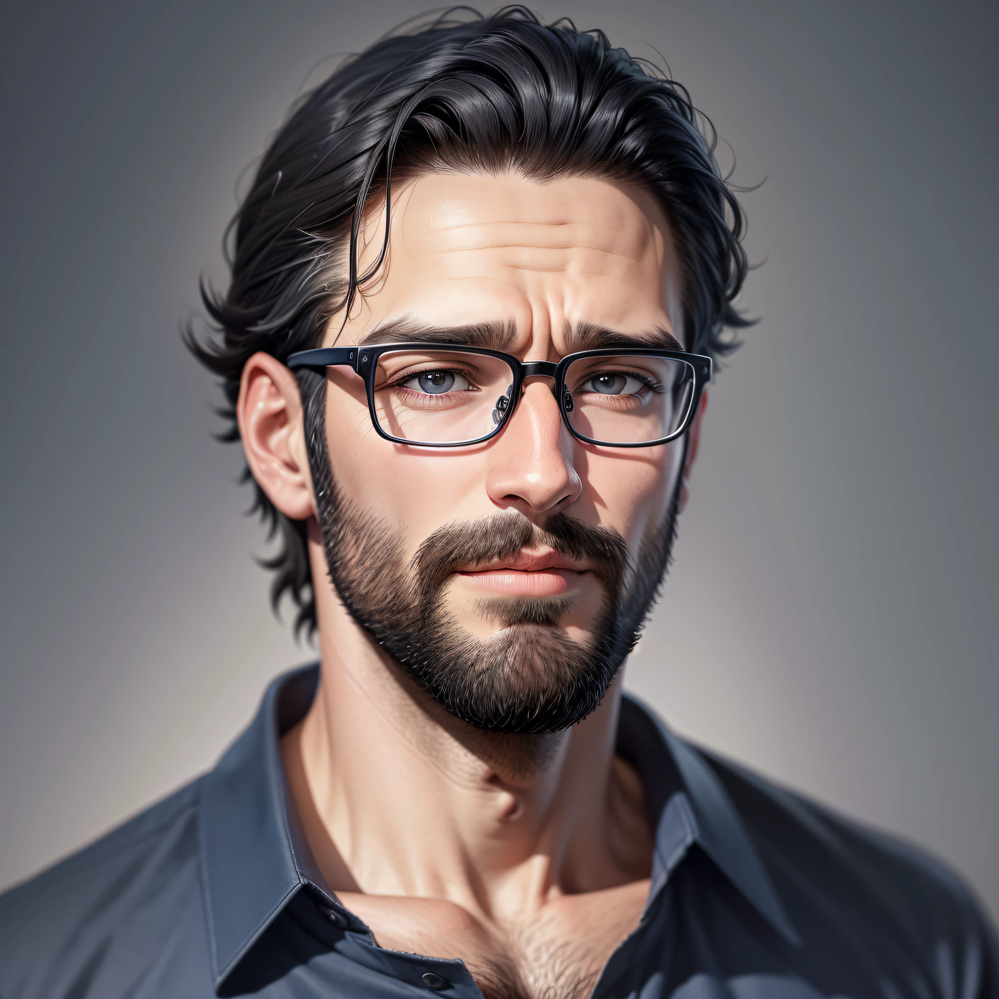 A 30-year-old man, thinning beard, shivering black hair, wearing glasses, navy blue shirt, ultra realistic, 4K --auto --s2