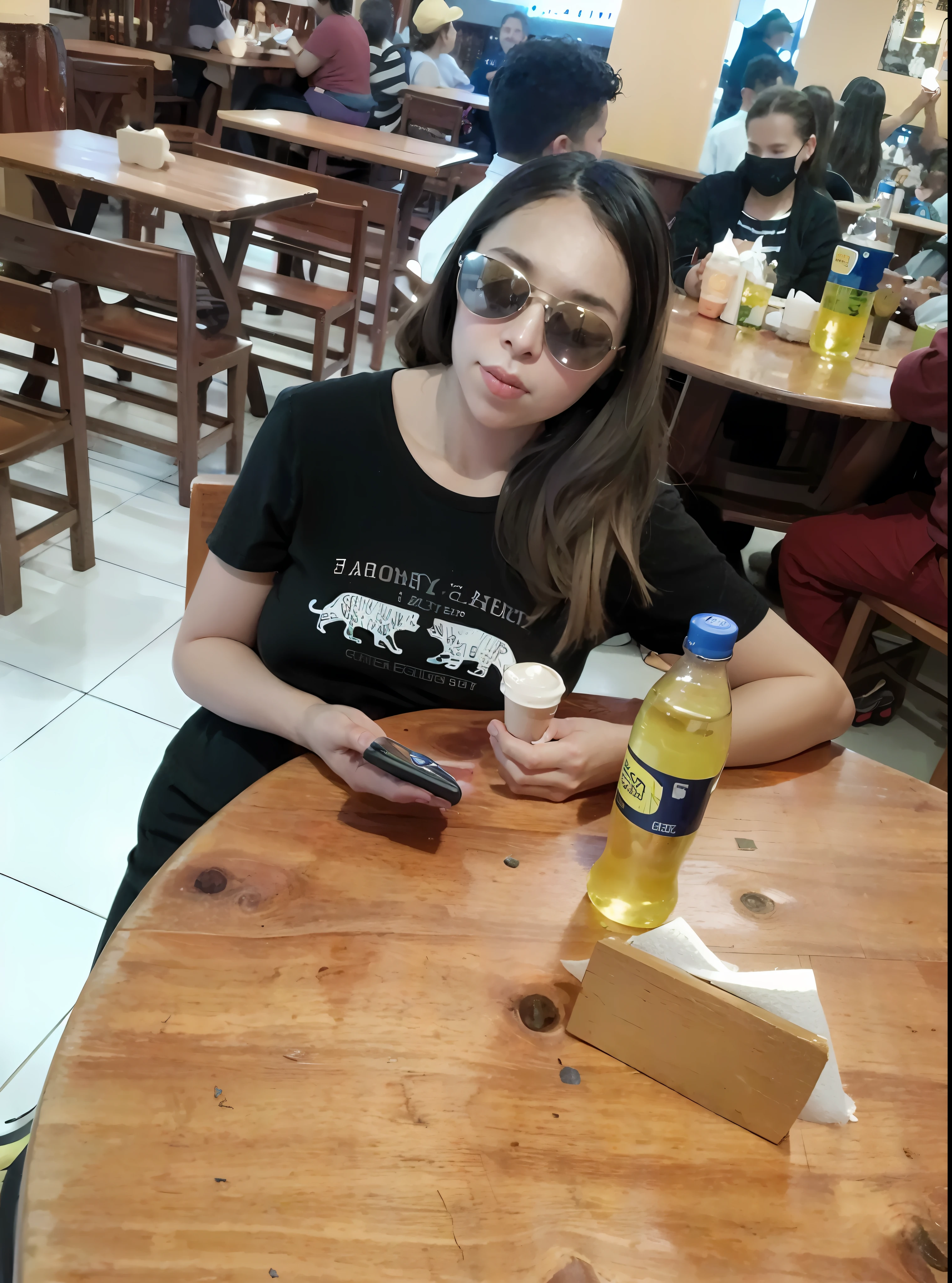 There is a woman sitting at a table with a cell phone, with a drink, wearing sunglasses, in a coffee shop, 2 , sitting in a café, 2 9 years old old, 2 3 yearsbar, 3 0 years 30 years old woman, 3 2 years old (( big tits )) huge tits big bre blonde