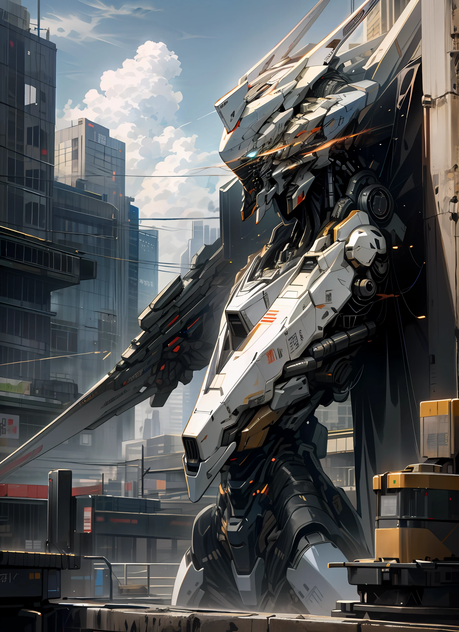 sky, cloud, holding_weapon, no_humans, glowing, , robot, building, glowing_eyes, mecha, science_fiction, city, realistic,mecha