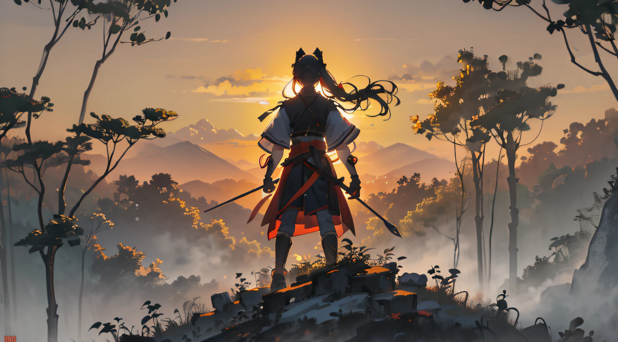 (Best Quality), (Masterpiece), (High Resolution), (Away from Camera), (Background Bokeh), (Backlight), Silhouette Lighting, Chinese Style, (Warrior), Sword in Hand, (Hairpin), Outdoor, (Standing on a Cliff), Hills, Bamboo Forest, ((Sunset Light))