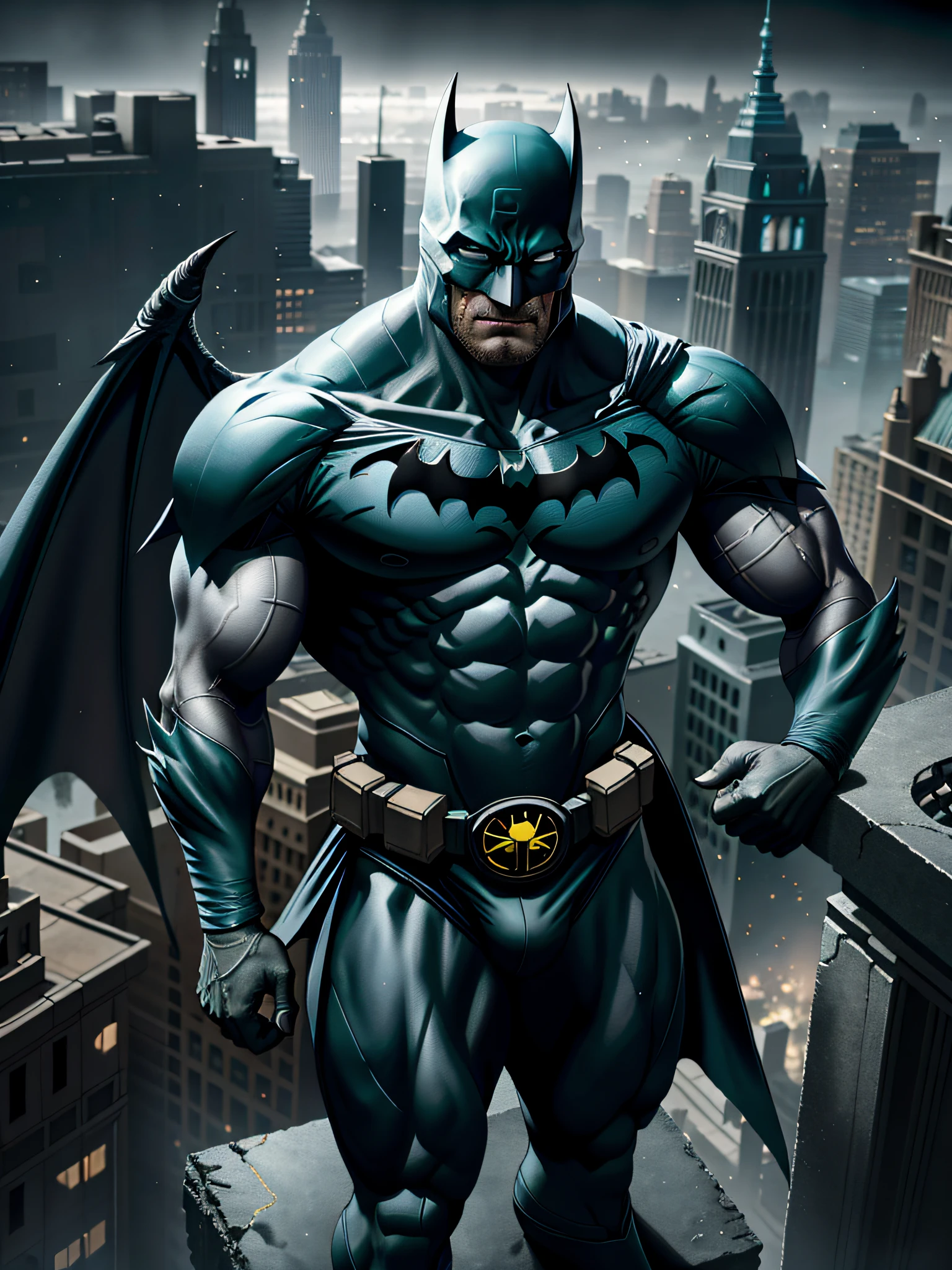 from above, muscular batman in hi-tech armor standing on gargoyle statue, looking away, torn cape, night, storehouse building, particles, fog