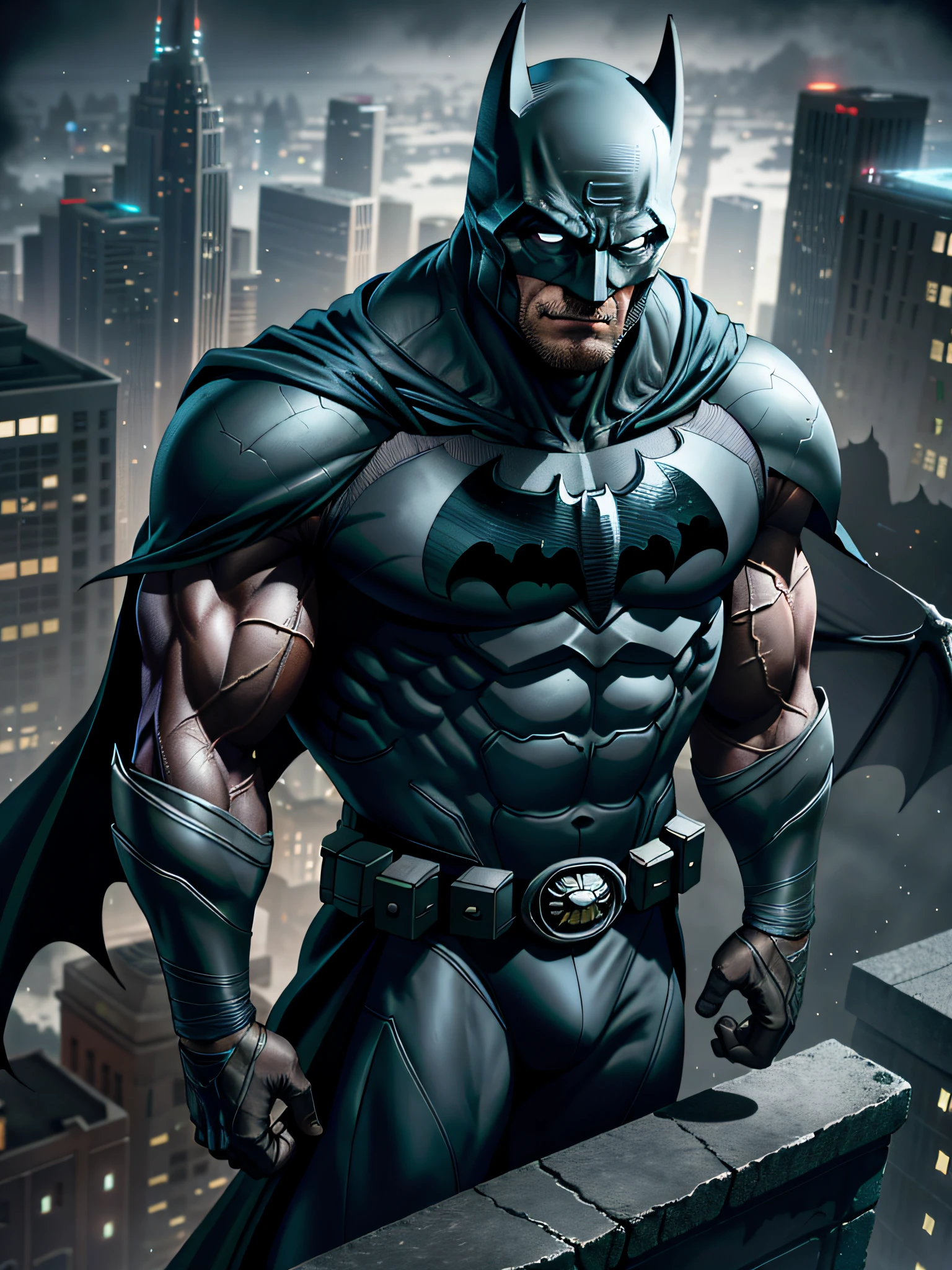 from above, muscular batman in hi-tech armor standing on gargoyle statue, looking away, torn cape, night, storehouse building, particles, fog