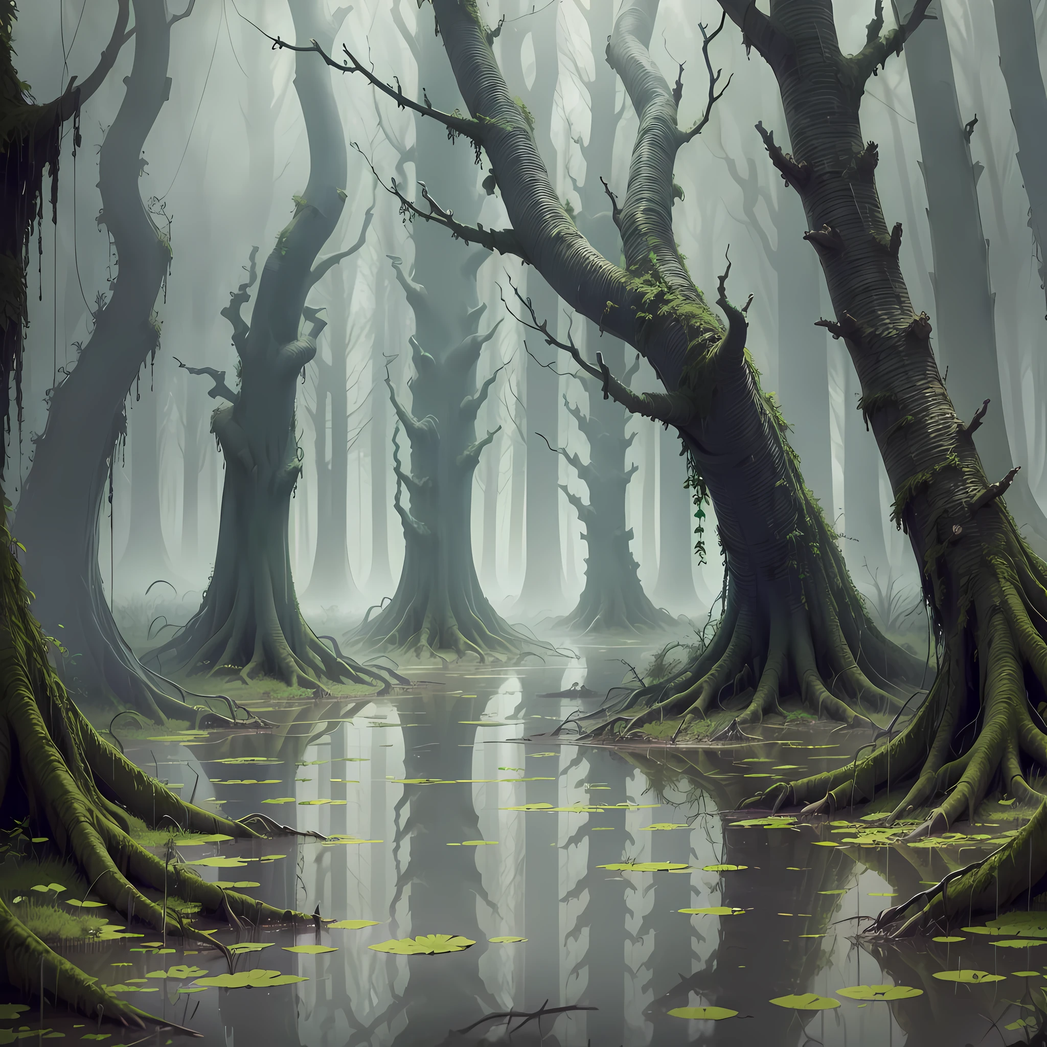 An army of zombies in a swamp, twisted trees, fog, zombies resident style evil, 3D --auto --s2