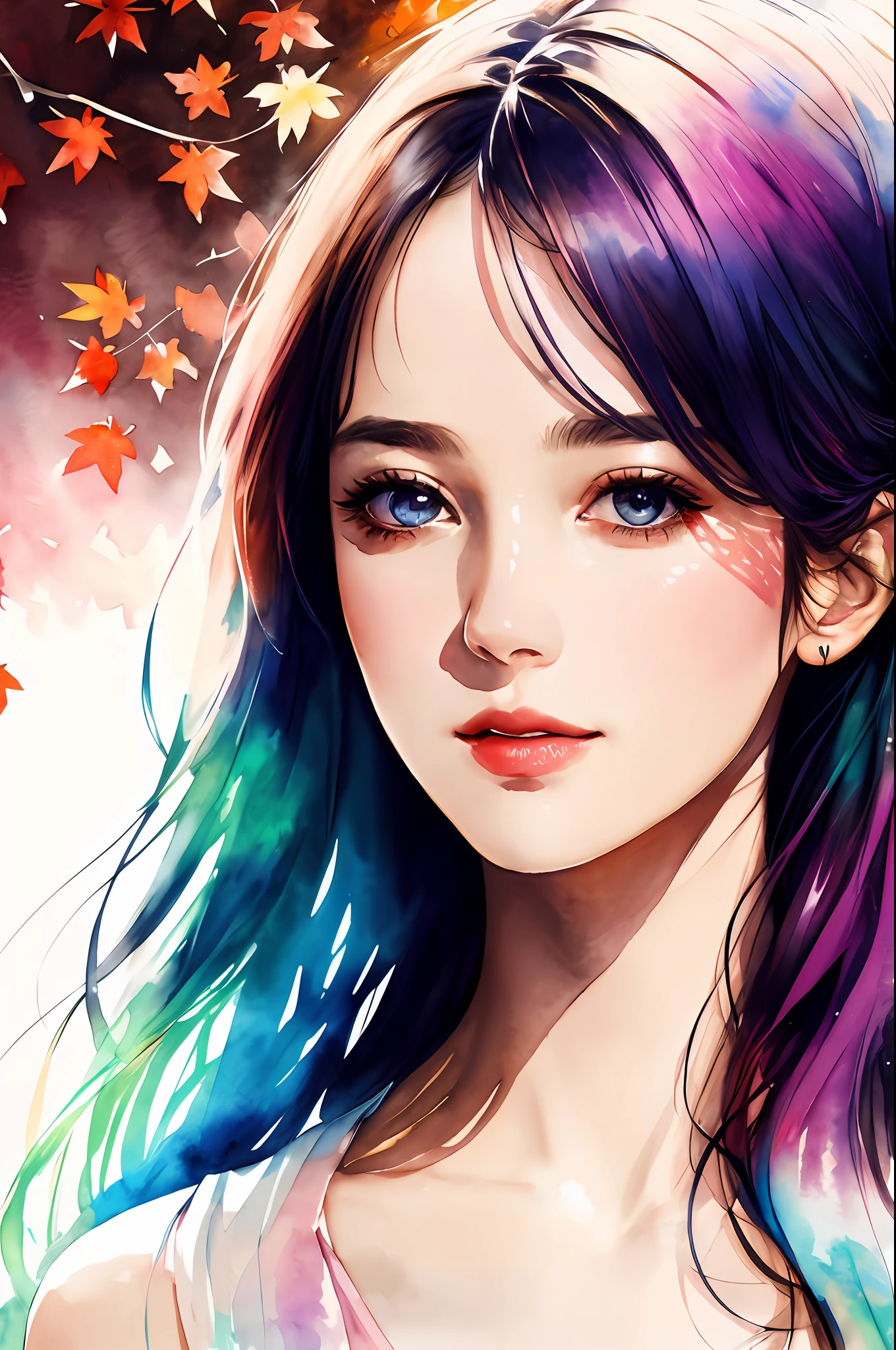 (8k, best quality, masterpiece:1.2),(best quality:1.0), (ultra highres:1.0), watercolor, a beautiful woman, shoulder, hair ribbons, by agnes cecile, half body portrait, extremely luminous bright design, pastel colors, (ink:1.3), autumn lights,