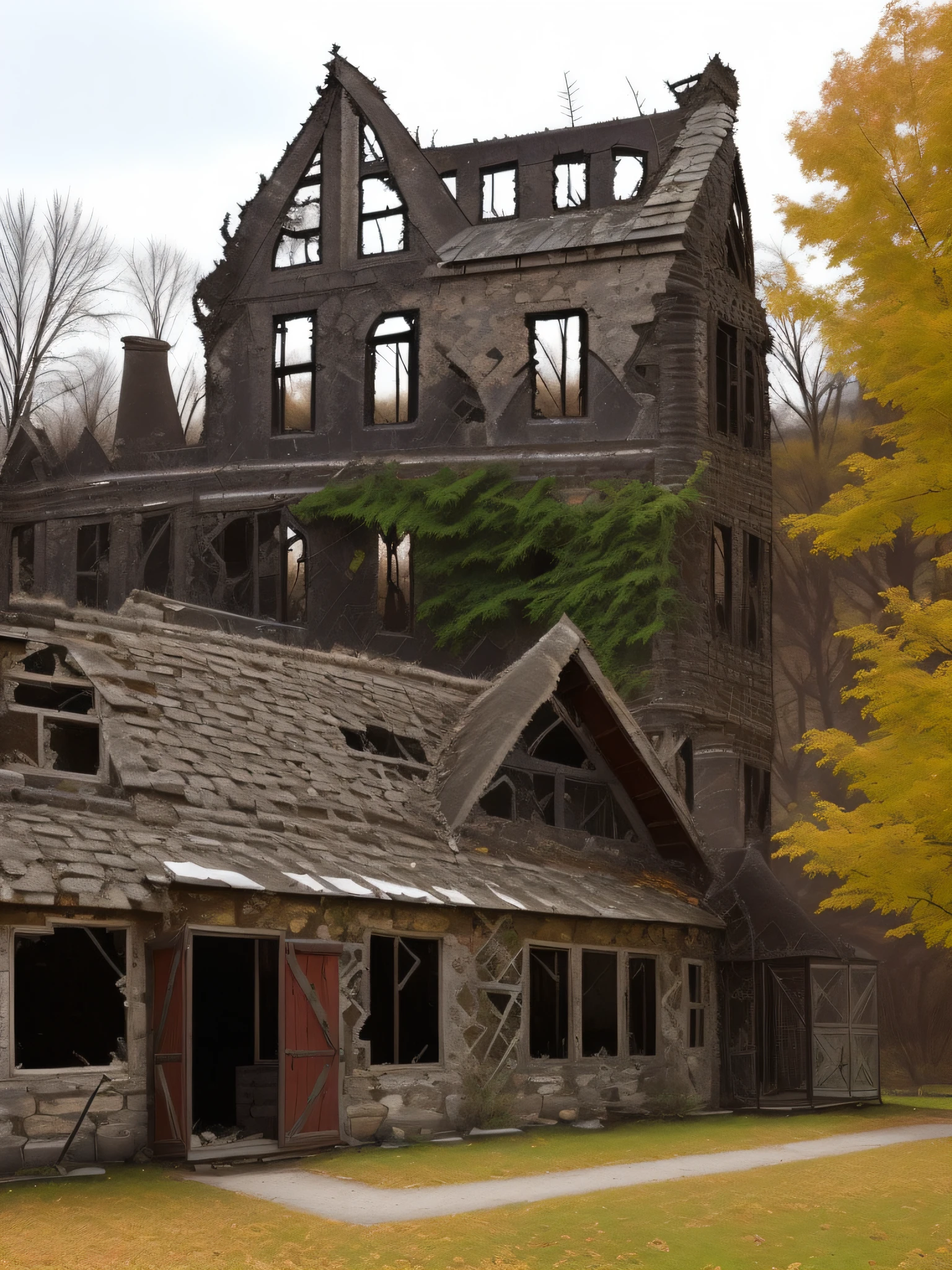 (((The ruined cottage :1.5))) stands in stark contrast to the vibrant fall foliage, with its decaying structure and a porch swing swaying gently in the wind, hinting at forgotten stories and lost memories, Sculpture, created using reclaimed materials such as weathered wood and rusty metal, emphasizing the textures and the passage of time, while instilling a sense of nostalgia and melancholy, --ar 9:16 --v 5