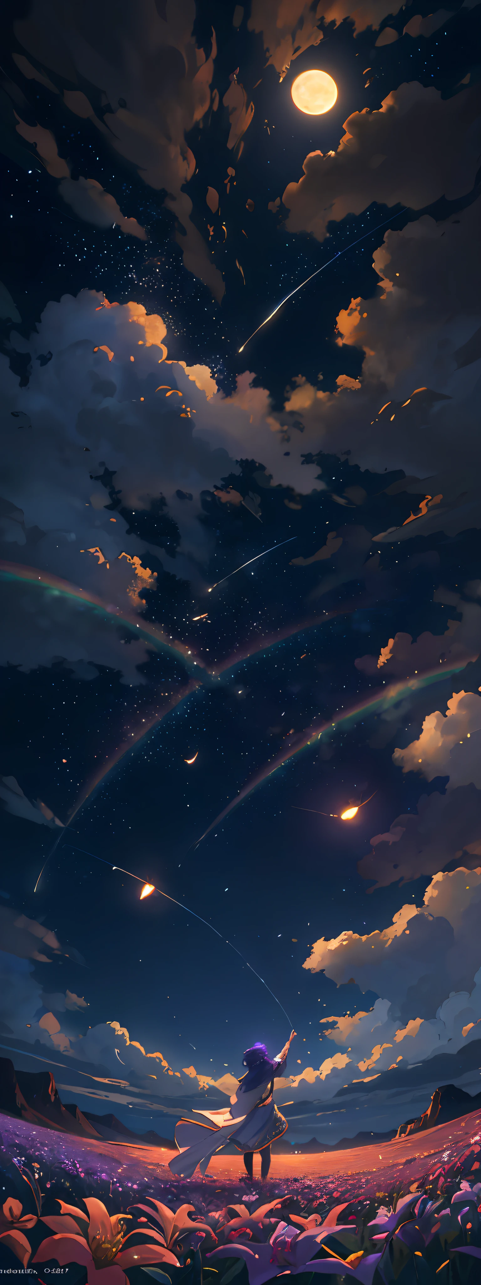 Vast landscape photo, (viewed from below, the sky is above and the open field is below), a girl standing on a flower field looking up, (full moon: 1.2), (meteor: 0.9), (nebula: 1.3), distant mountains , Trees BREAK Crafting Art, (Warm Light: 1.2), (Fireflies: 1.2), Lights, Lots of Purple and Orange, Intricate Details, Volumetric Lighting, Realism BREAK (Masterpiece: 1.2), (Best Quality), 4k, Ultra-Detailed, (Dynamic Composition: 1.4), Very Detailed, Colorful Details, (Rainbow Colors: 1.2), (Glow Lighting, Atmospheric Lighting), Dreamy, Magical, (Solo: 1.2)