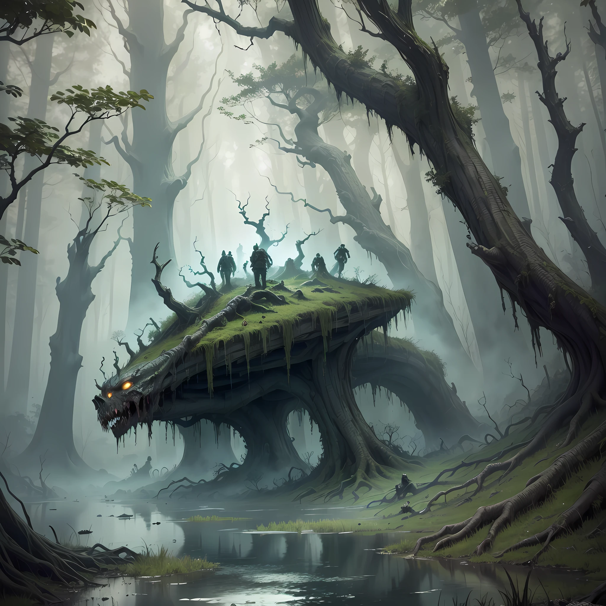 An army of zombies in a swamp, twisted trees, fog, zombies resident style evil, 3D --auto --s2