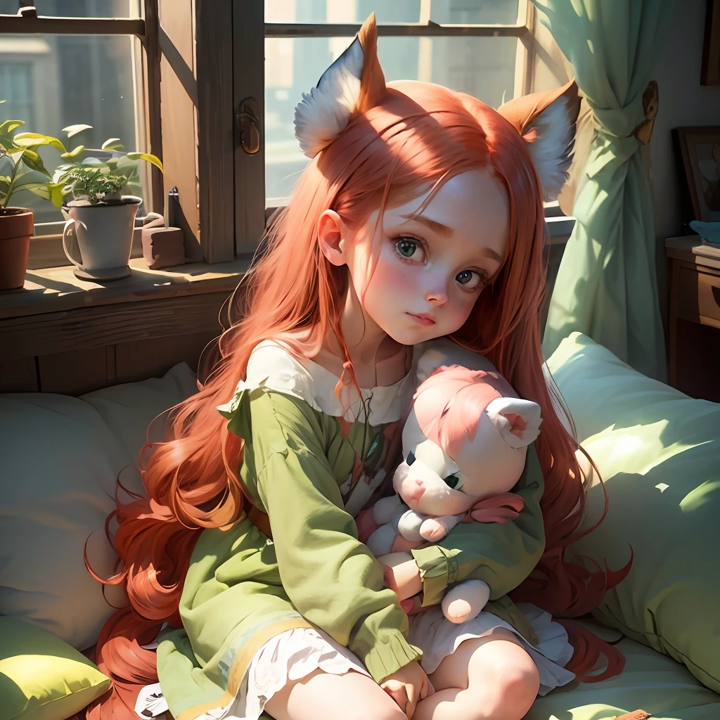 Cute  with long red hair and big green eyes sitting on a bed, surrounded by fluffy pillows and stuffed animals, sunlight streaming through the window, Dreamy, Whimsical, Pastel colors, Digital painting, Artstation, Highly detailed, Smooth, art by loish and sakimichan and erica willey --auto --s2