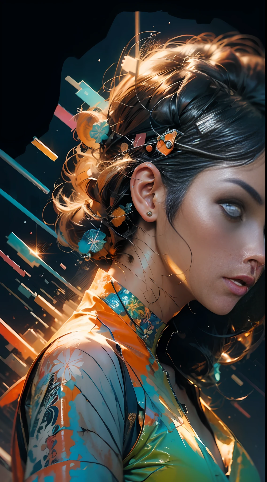 Watercolor paint, Realistic profile photograph (side) of 1girl in white and orange sticky jumpsuit with buttons, transparencies and neon stripes, runny viscous liquid, melt, drops, bottom-up view, luminous colorization, mandalas and fractal background images, particles, super-detailed, ultrasharp
